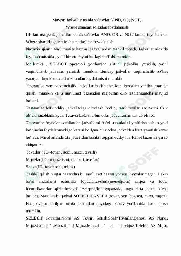 Jadvallar ustida so'rovlar . Where standart so'zidan foydalanish