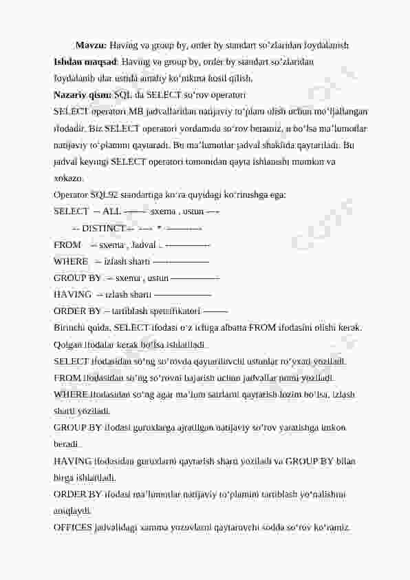 Having va group by, order by standart so’zlaridan foydalanish