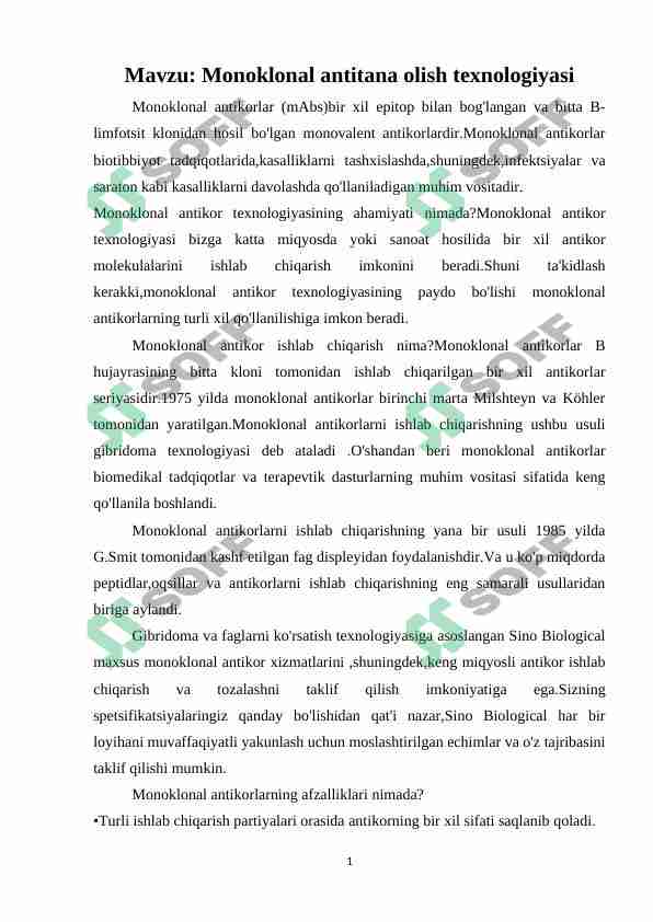 Monoklonal antitana olish texnologiyasi