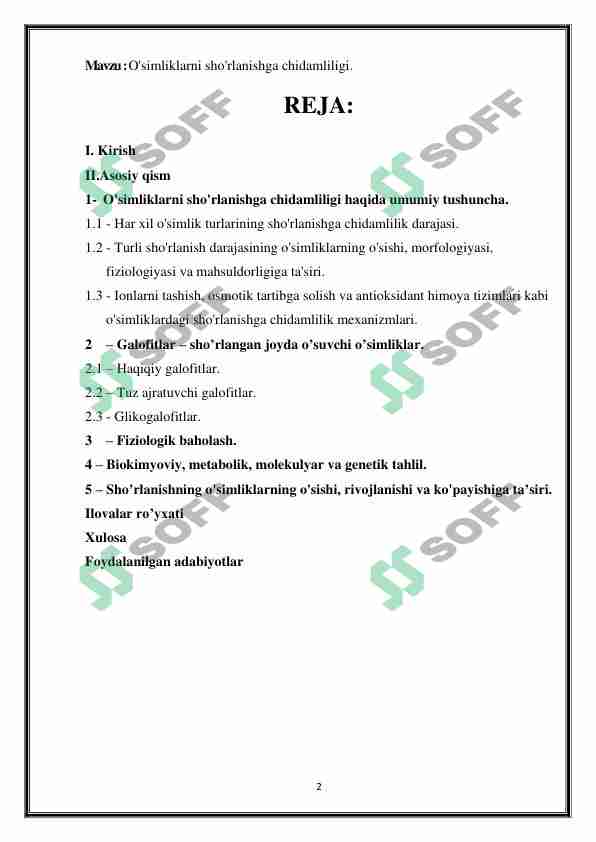 O'simliklarni sho'rlanishga chidamliligi