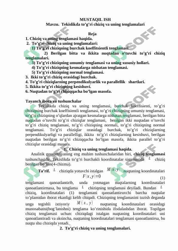 Tekislikda to’g’ri chiziq va uning tenglamalari