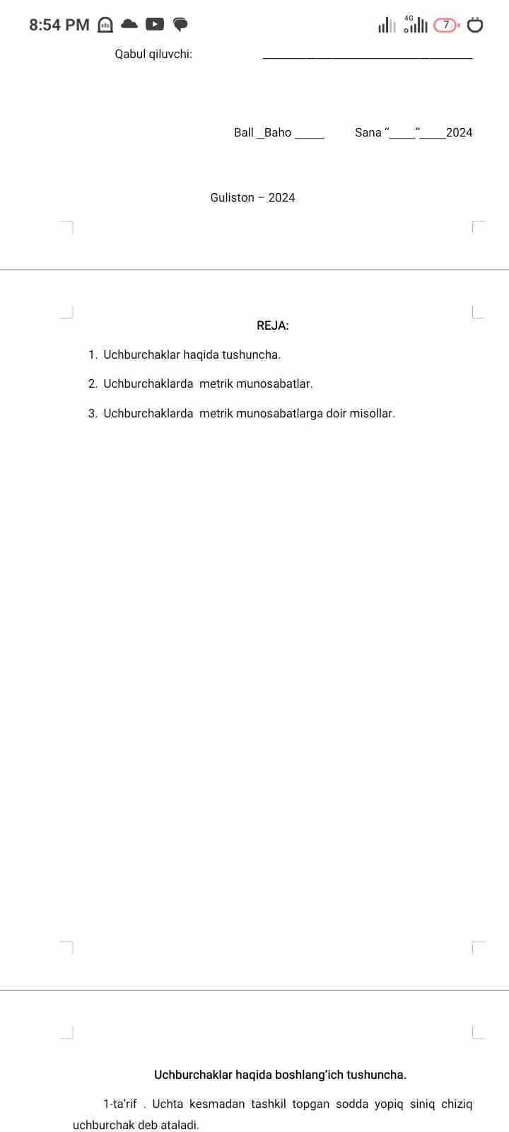 Uchburchaklarda  metrik munosabatlar.