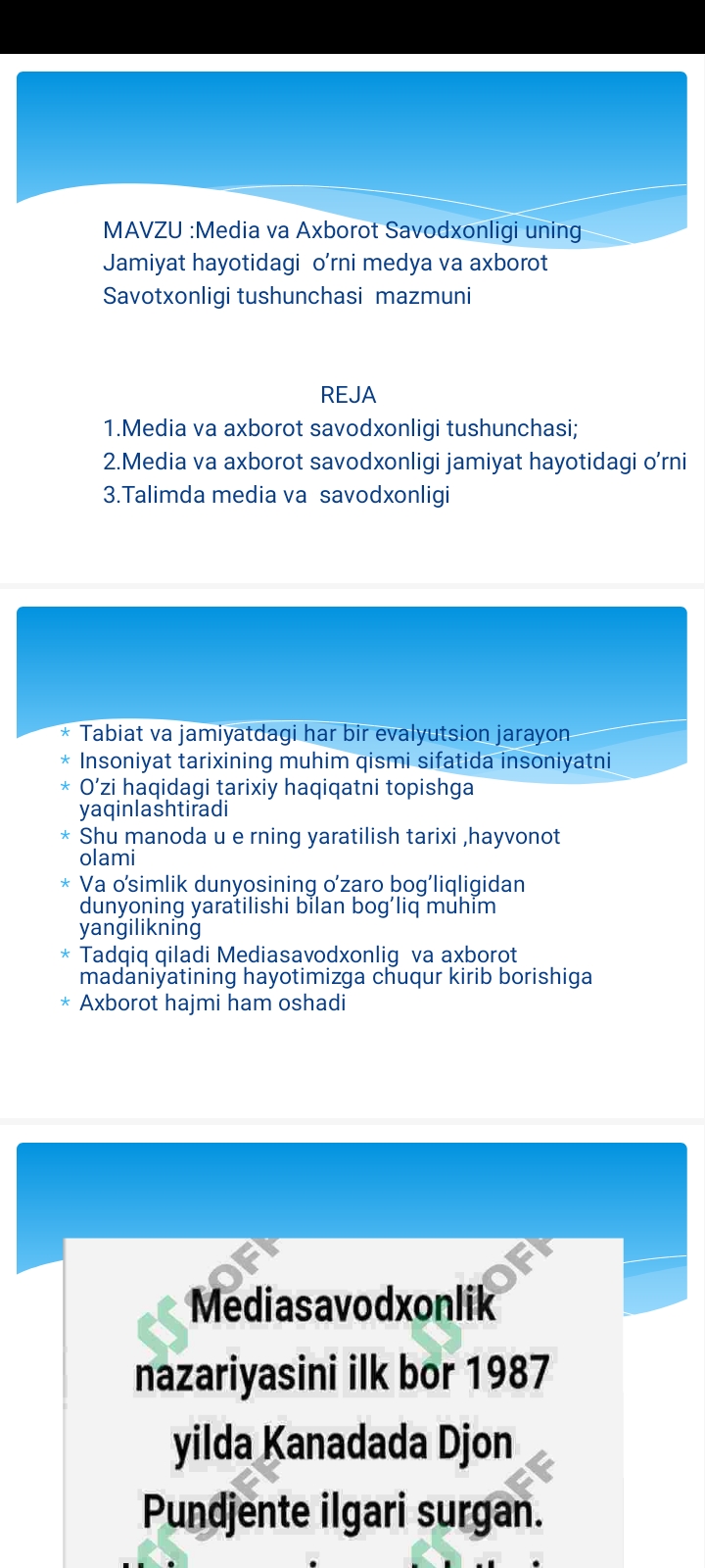 Media va Axborot Savodxonligi uning Jamiyat hayotidagi  o’rni medya va axborot  Savotxonligi tushunchasi  mazmuni