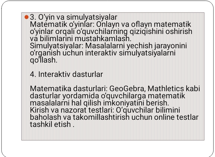 Mavzu: Boshlang‘ich sinflarda axborot texnologiyalaridan foydalanishning asosiy yo‘nalishlari.Mavzu: Microsoft PowerPoint dasturida ishlash.Mavzu: Dastur bo‘yicha darslarga PowerPointda ko‘rgazmali qurollar tayyorlash.Mavzu: Multimedia ta‘limi va uning qo‘llanishi.