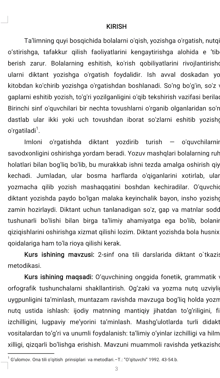 2-sinf ona tili darslarida diktant o`tkazish metodikasi