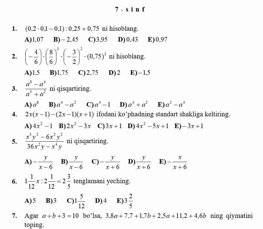 matimatika test 5-sinf 6-sinf 7-sinf 8-sinf 9-sinf 10-sinf | javobi