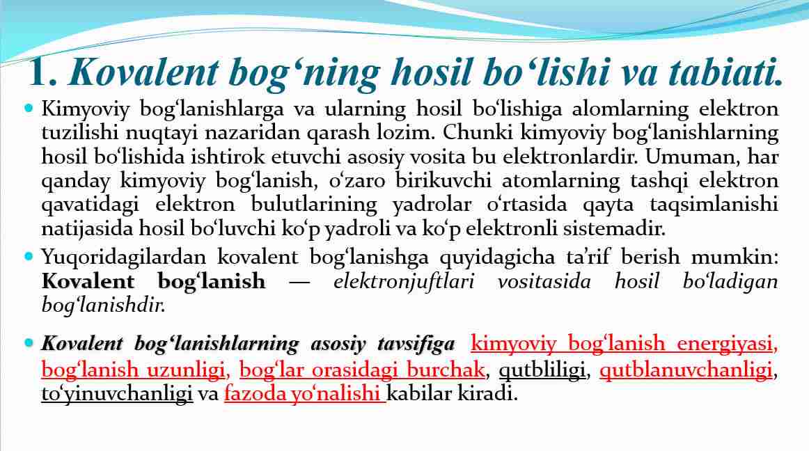 Organik kimyo Kimyoviy bog’lanish va uning turlari