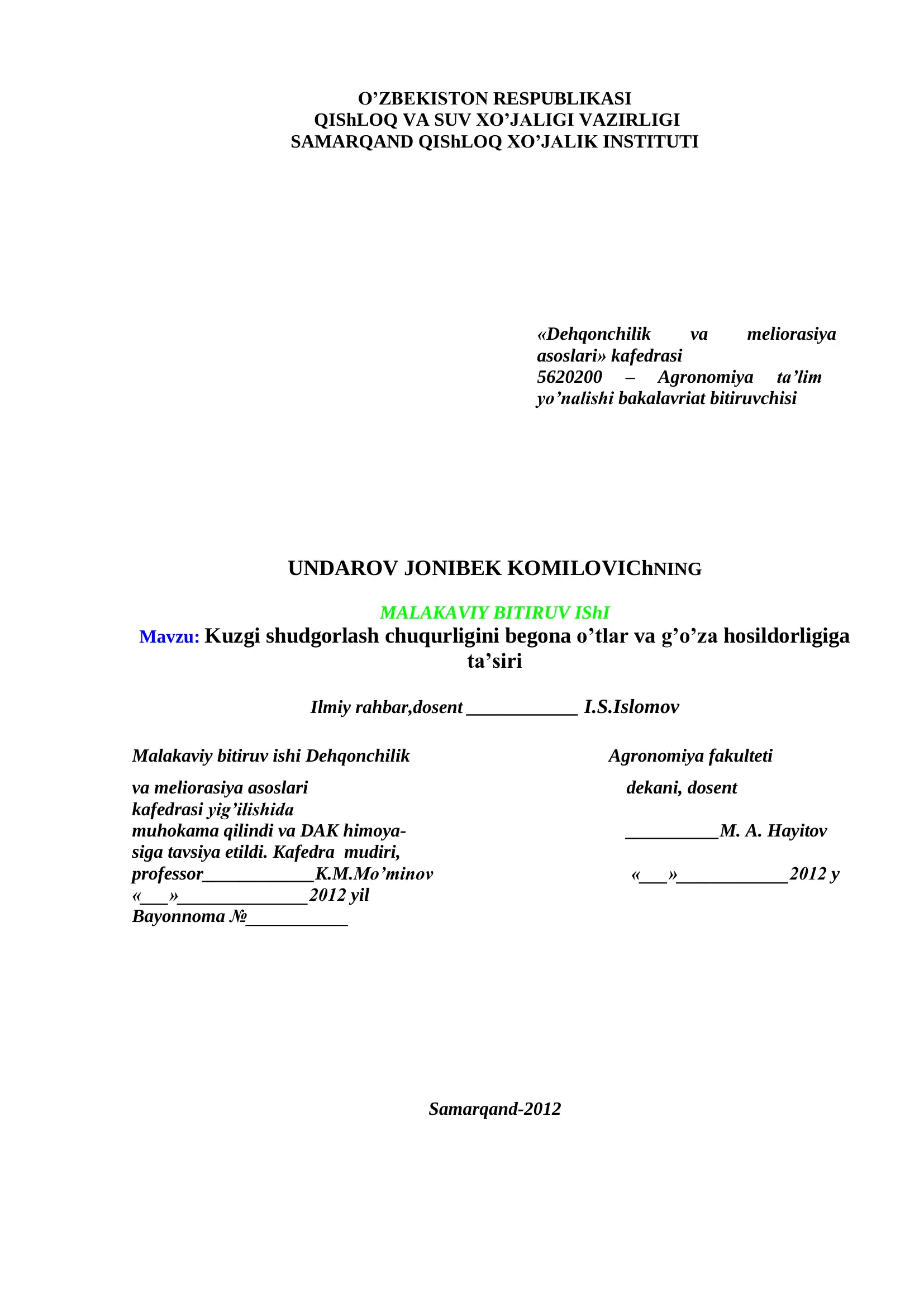Agronomiya ta’lim yo’nalishi bakalavriat bitiruvchisi