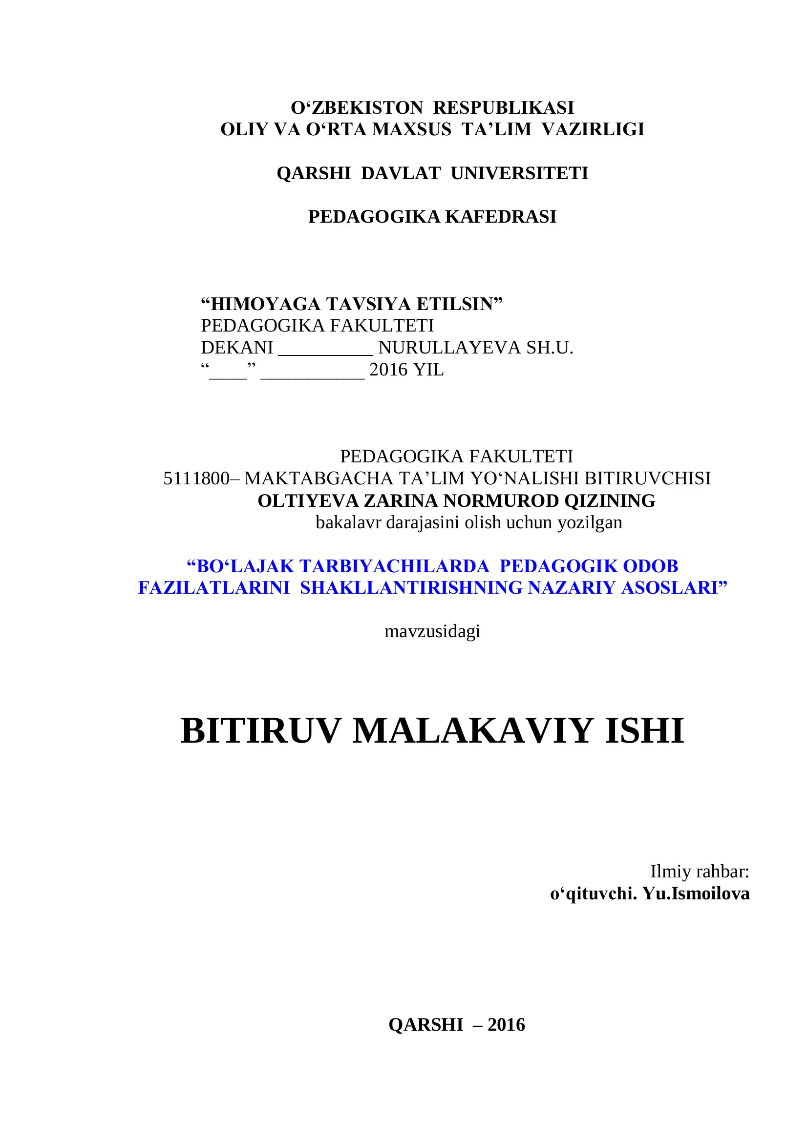 MAKTABGACHA TA’LIM YO‘NALISHI BITIRUVCHISI