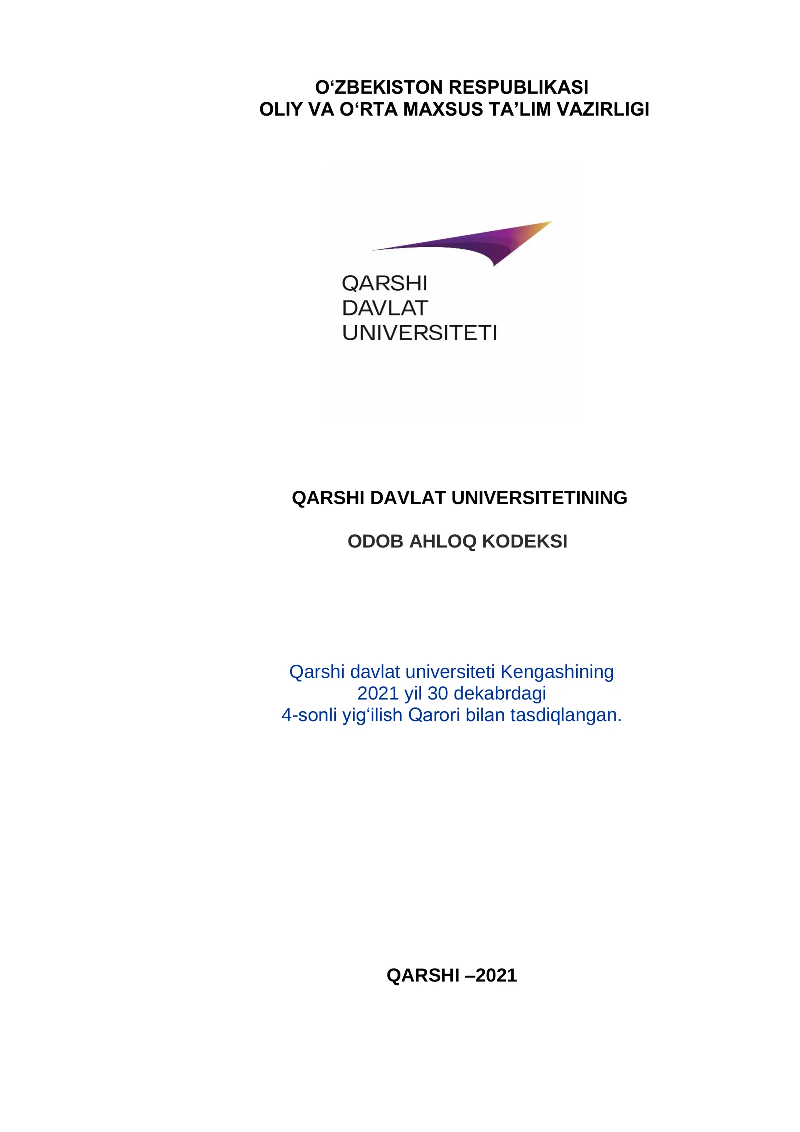 QARSHI DAVLAT UNIVERSITETINING ODOB AHLOQ KODEKSI