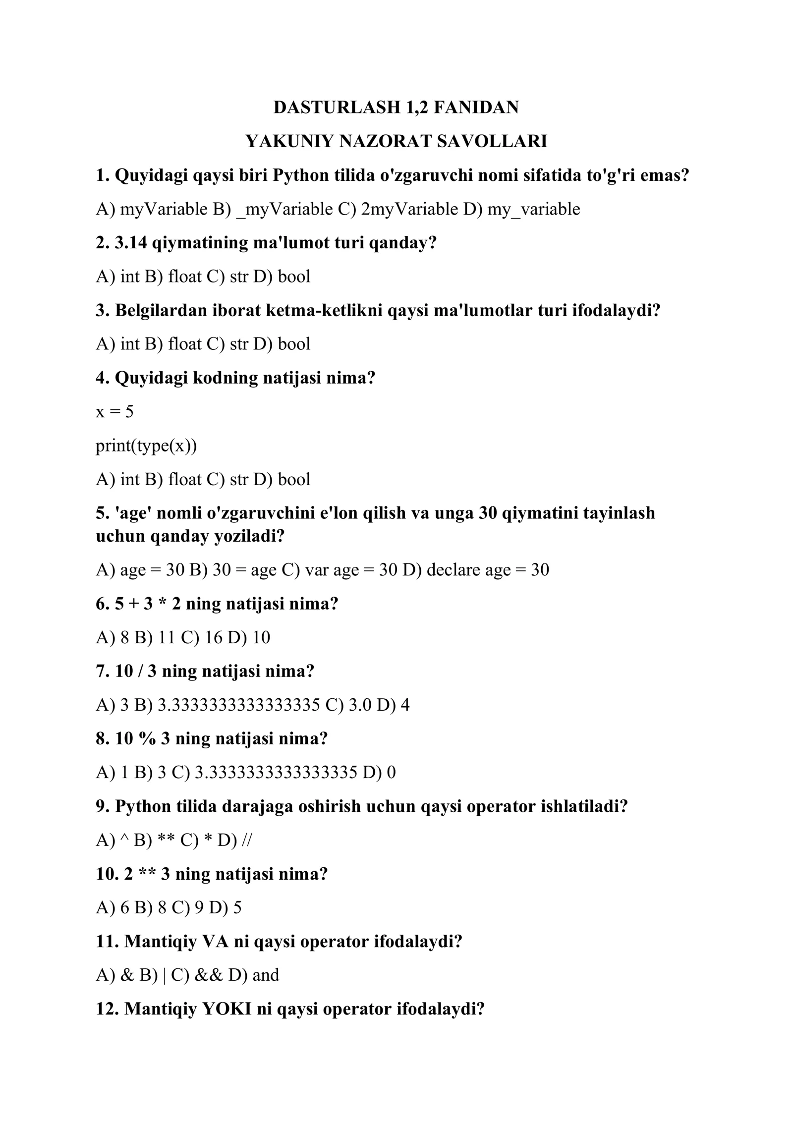 Dasturlash 1,2 dan yakuniy nazorat savollari