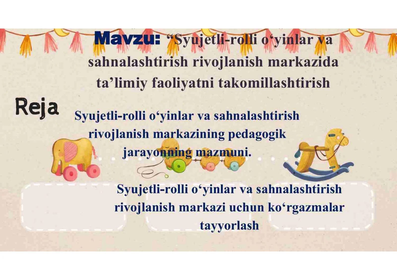 Syujetli-ro'lli o‘yillarda sahnalashtirish rivojlanish markazida talimiy faoliyatni takomillashtirish