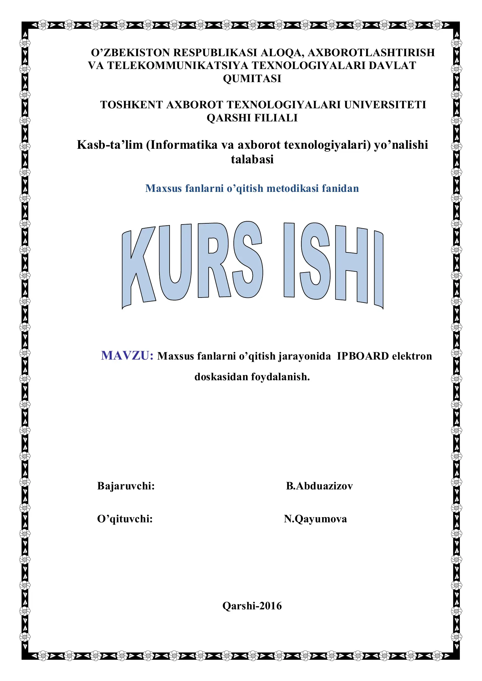 Maxsus fanlarni o’qitish jarayonida IPBOARD elektron doskasidan foydalanish