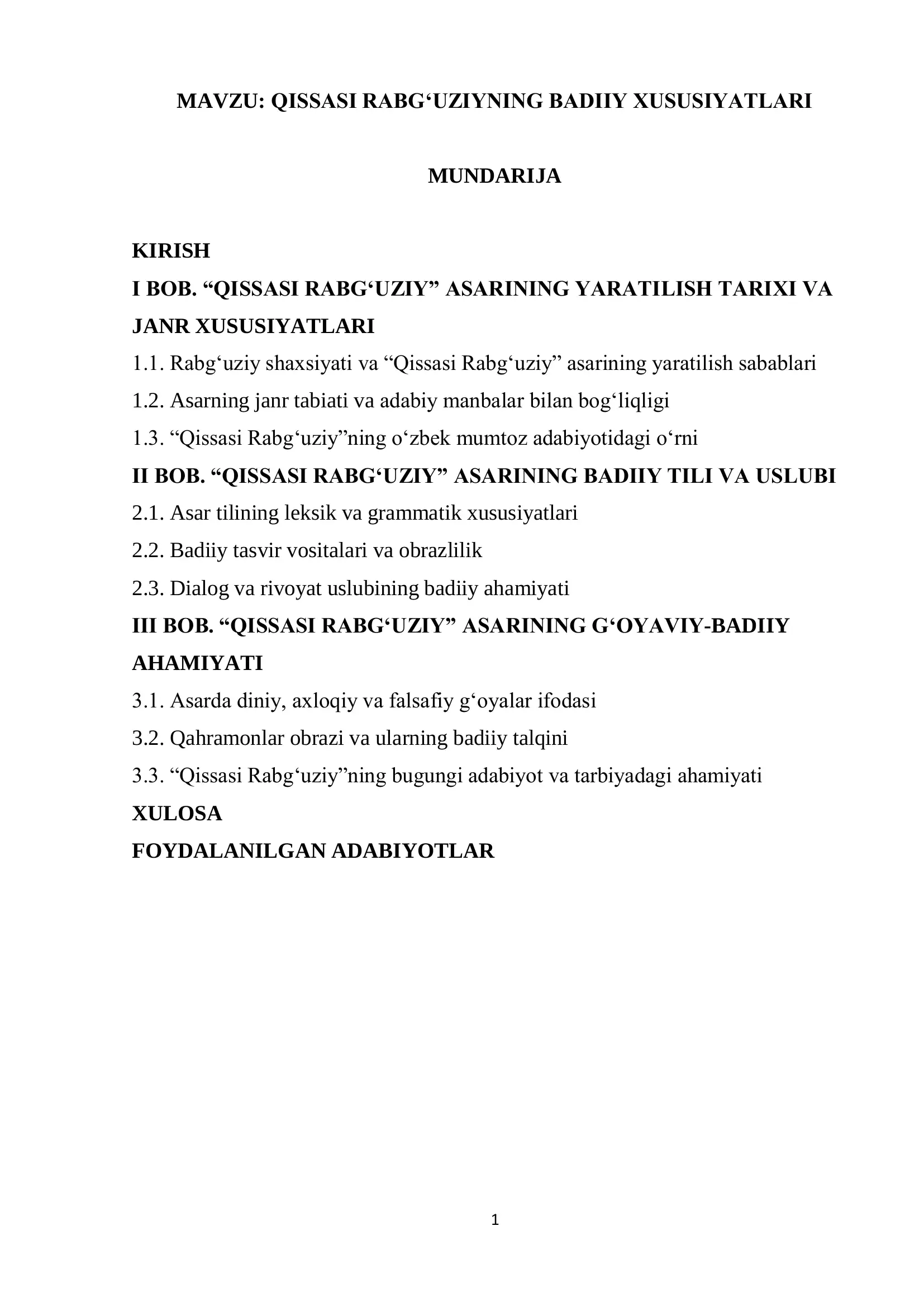 QISSASI RABGʻUZIYNING BADIIY XUSUSIYATLARI MAVZUSIDA KURS ISHI