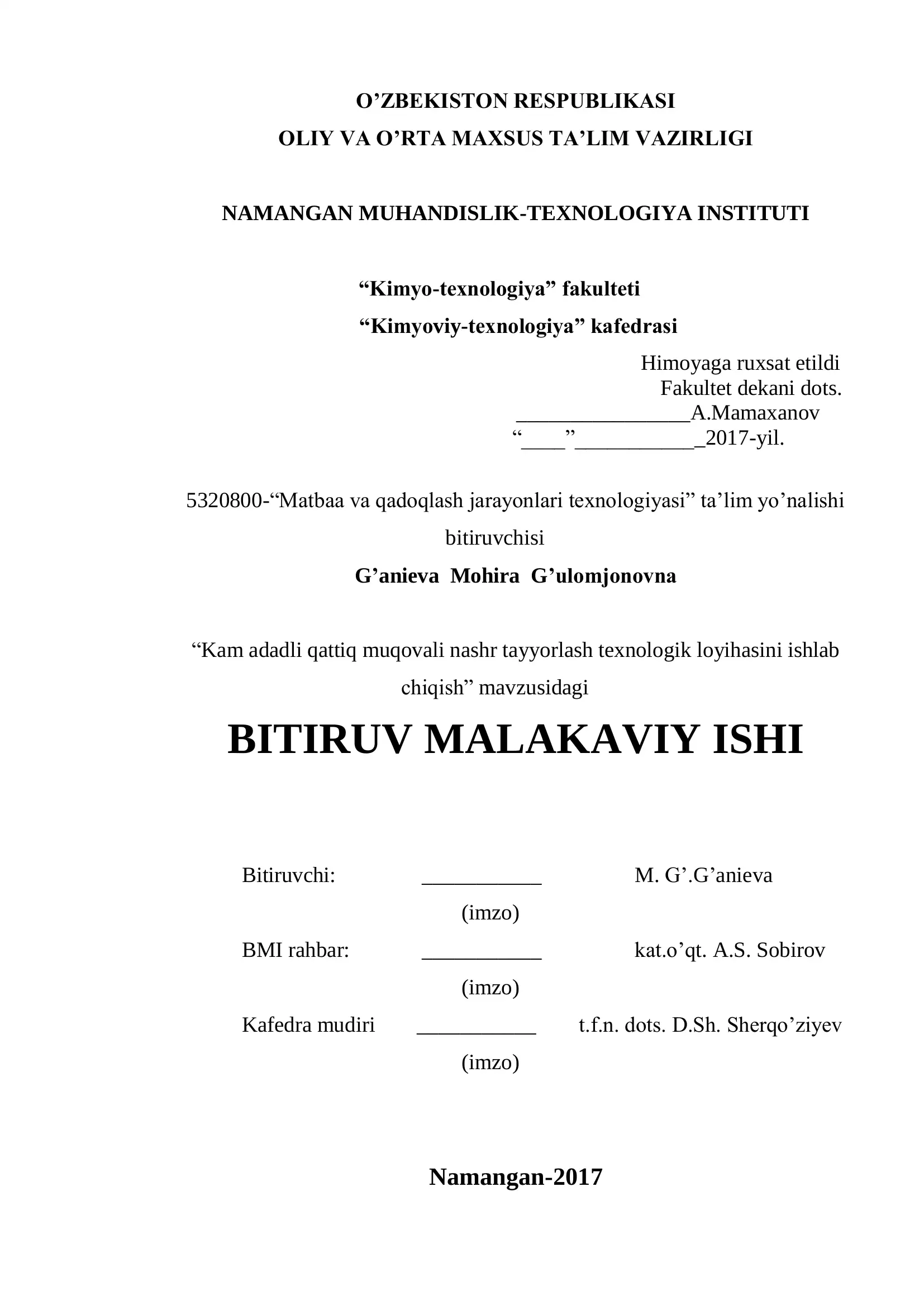 Kam adadli qattiq muqovali nashr tayyorlash texnologik loyihasini ishlab chiqish