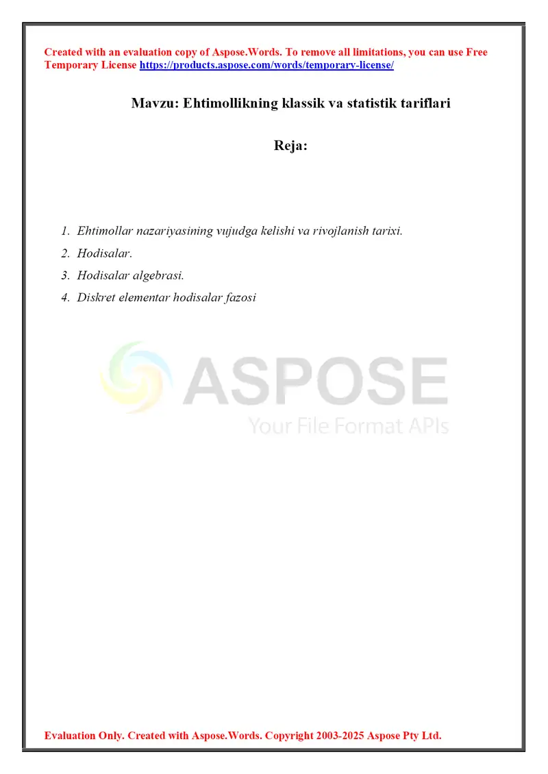 Ehtimollikning klassik va statistik tariflari