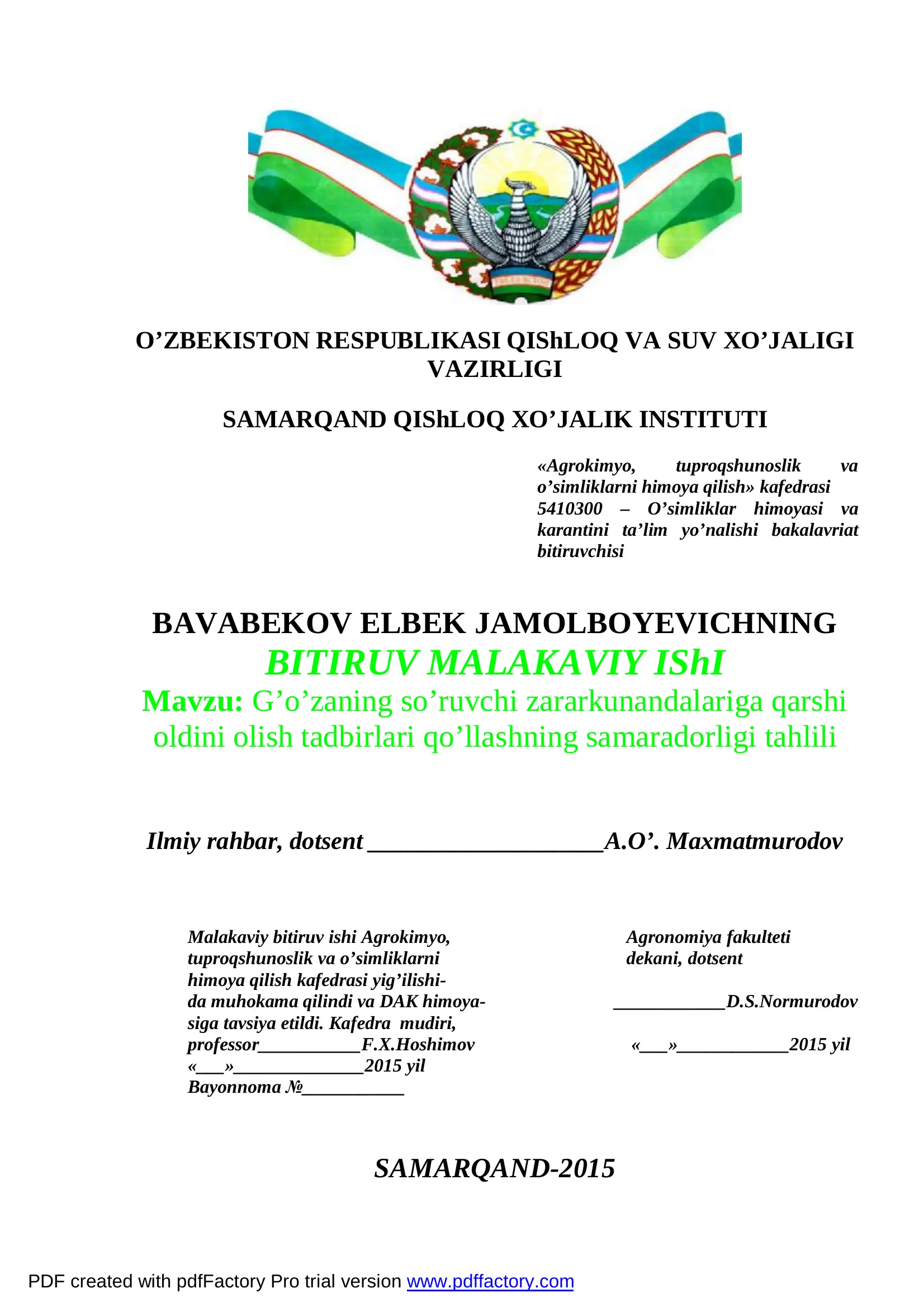 O’simliklar himoyasi va karantini ta’lim yo’nalishi bakalavriat bitiruvchisi