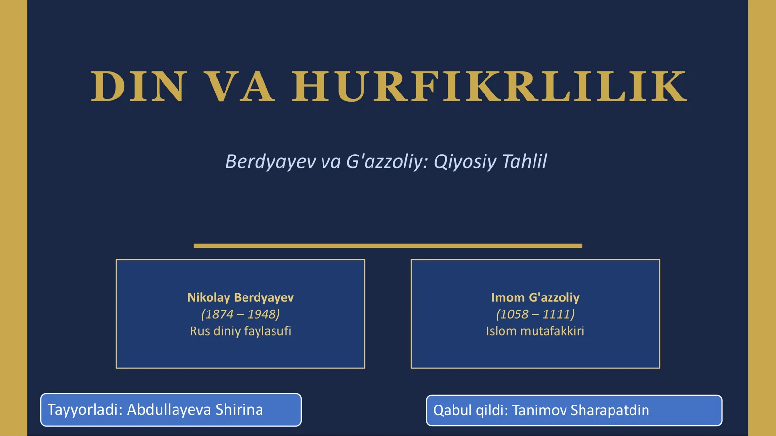 DIN VA HURFIKRLILIK. Berdyayev va G'azzoliy Qiyosiy Tahlil