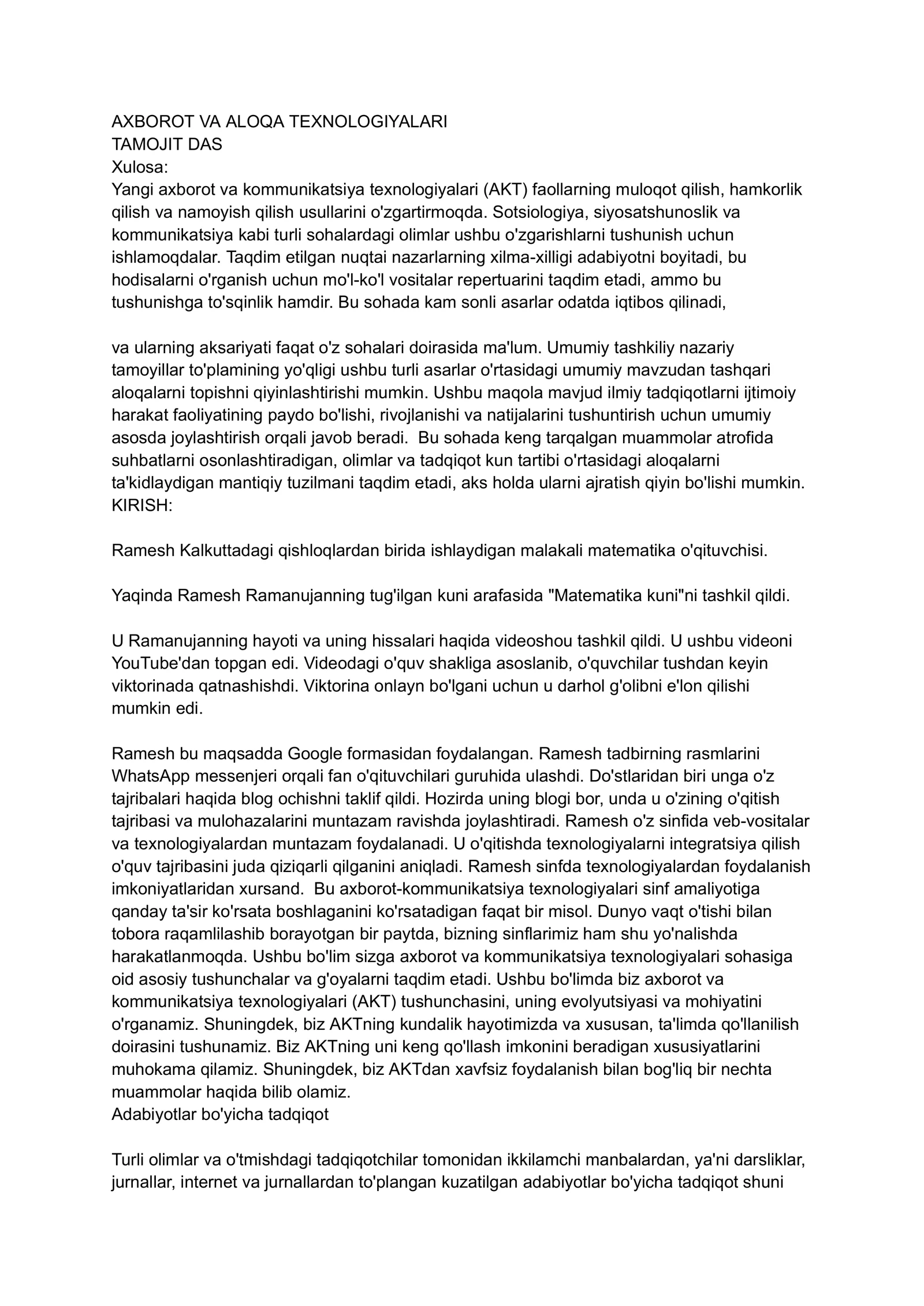 AXBOROT VA ALOQA TEXNOLOGIYALARI