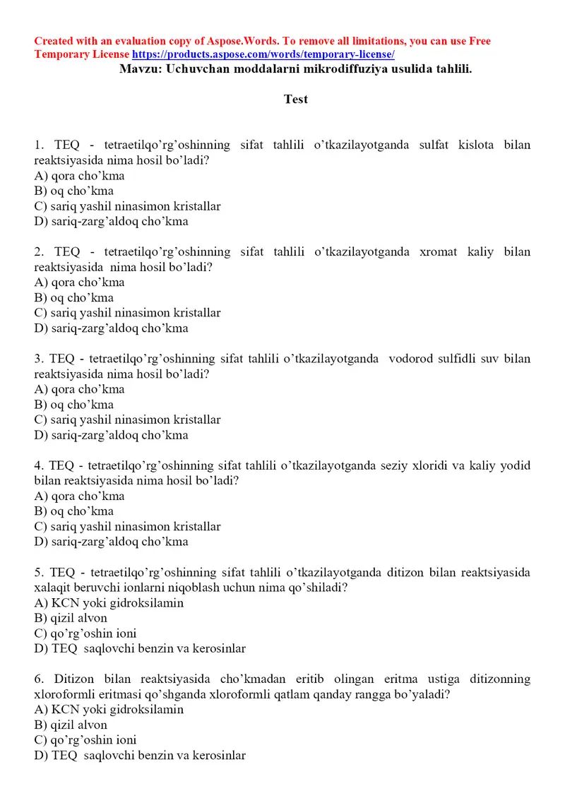 10. Tetraetilqo'rg'oshin. Toksikologik ahamiyati, ashyoviy dalillardan ajratib olish va tahlil usullari. Test 15 ta.