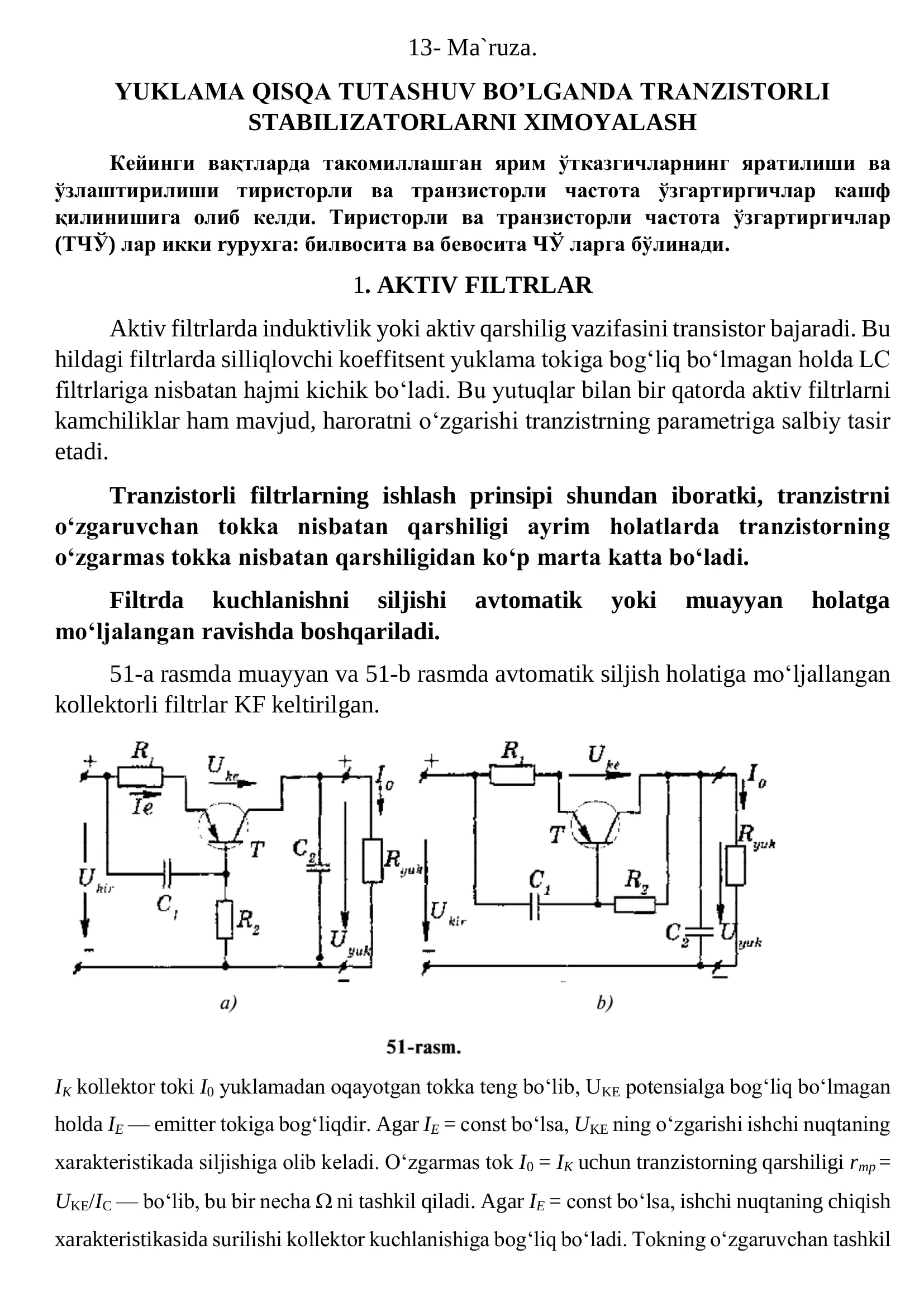 YUKLAMA QISQA TUTASHUV BOʼLGANDA TRANZISTORLI STABILIZATORLARNI XIMOYALASH