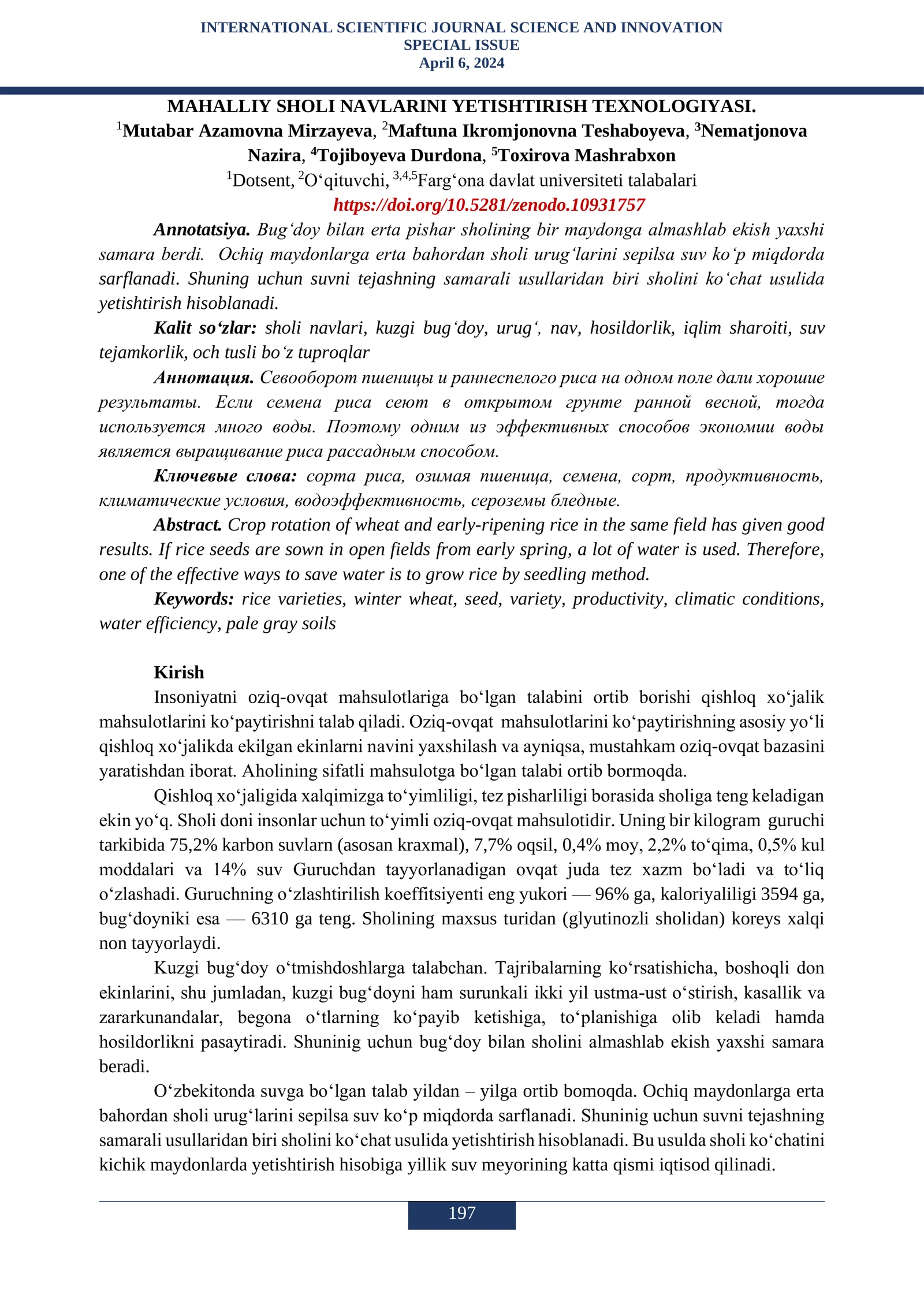 MAHALLIY SHOLI NAVLARINI YETISHTIRISH TEXNOLOGIYASI