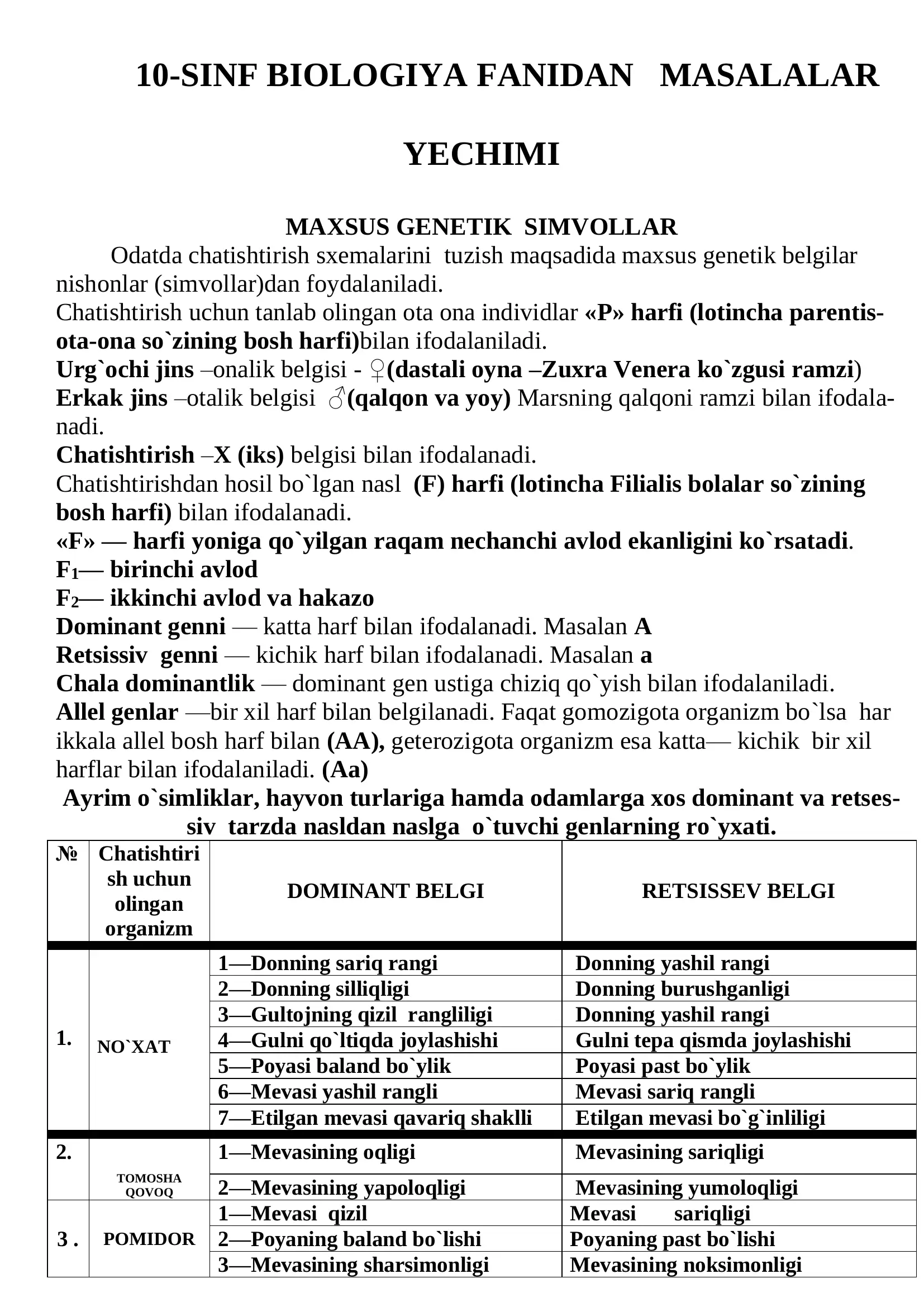 10-SINF BIOLOGIYA FANIDAN MASALALAR YECHIMI