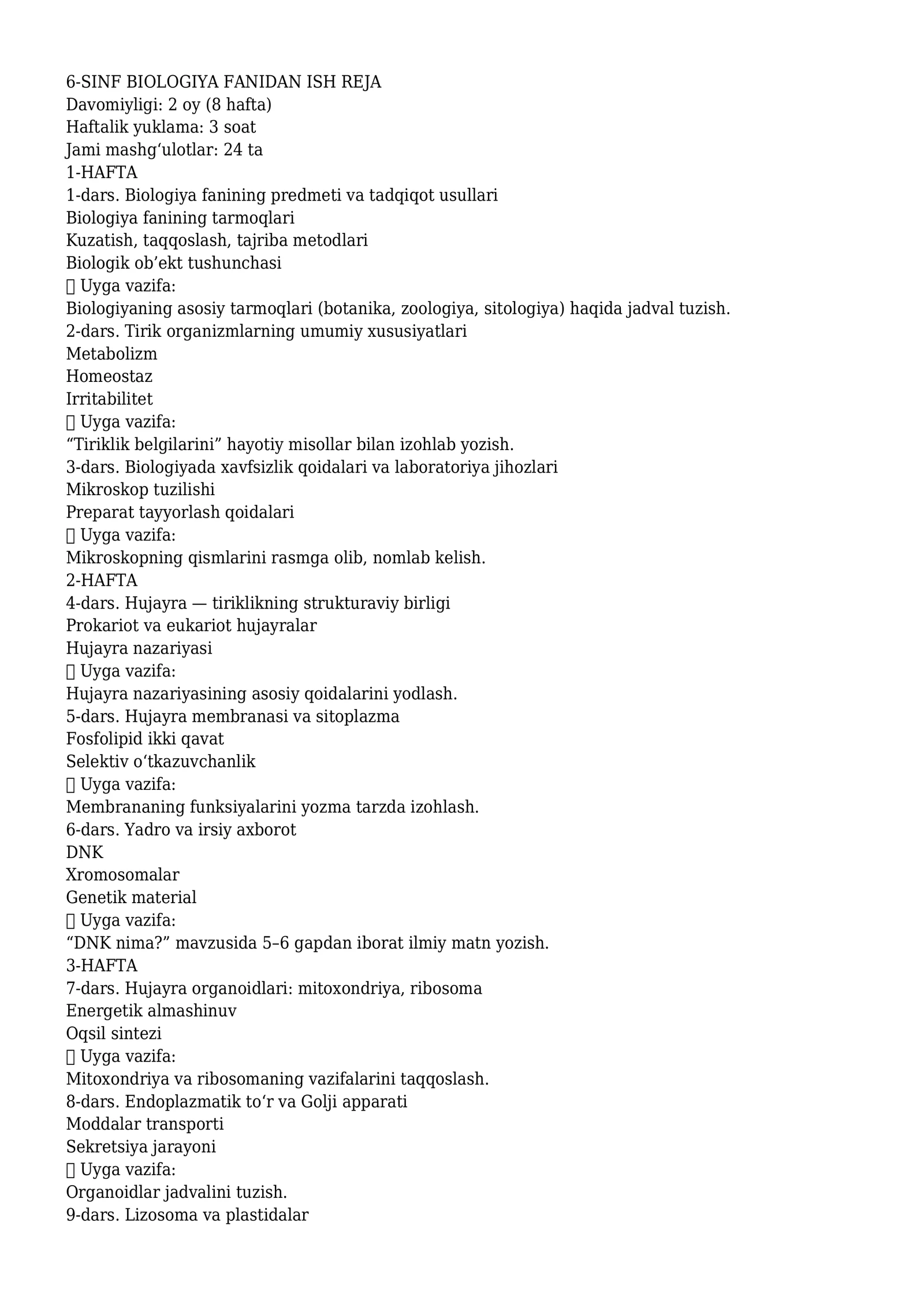 6-SINF BIOLOGIYA FANIDAN ISH REJA
