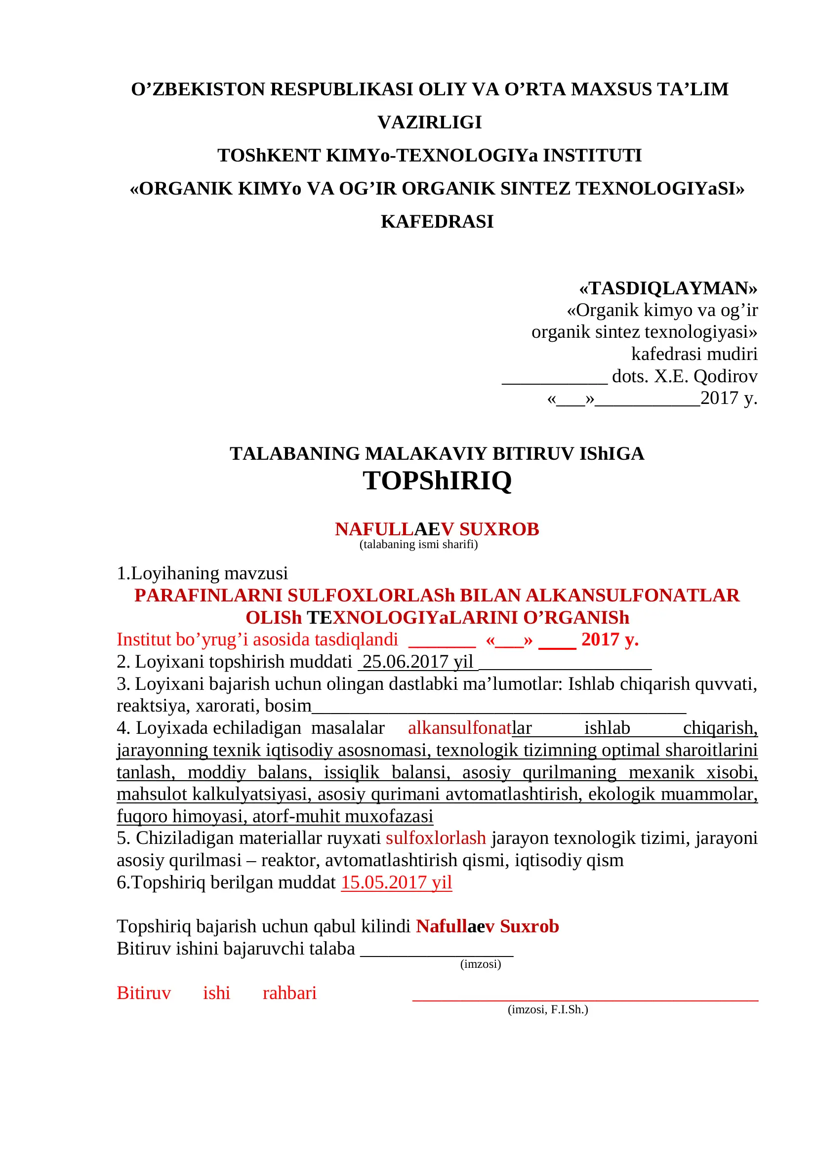 PARAFINLARNI SULFOXLORLASh BILAN ALKANSULFONATLAR OLISh TEXNOLOGIYaLARINI O’RGANISh