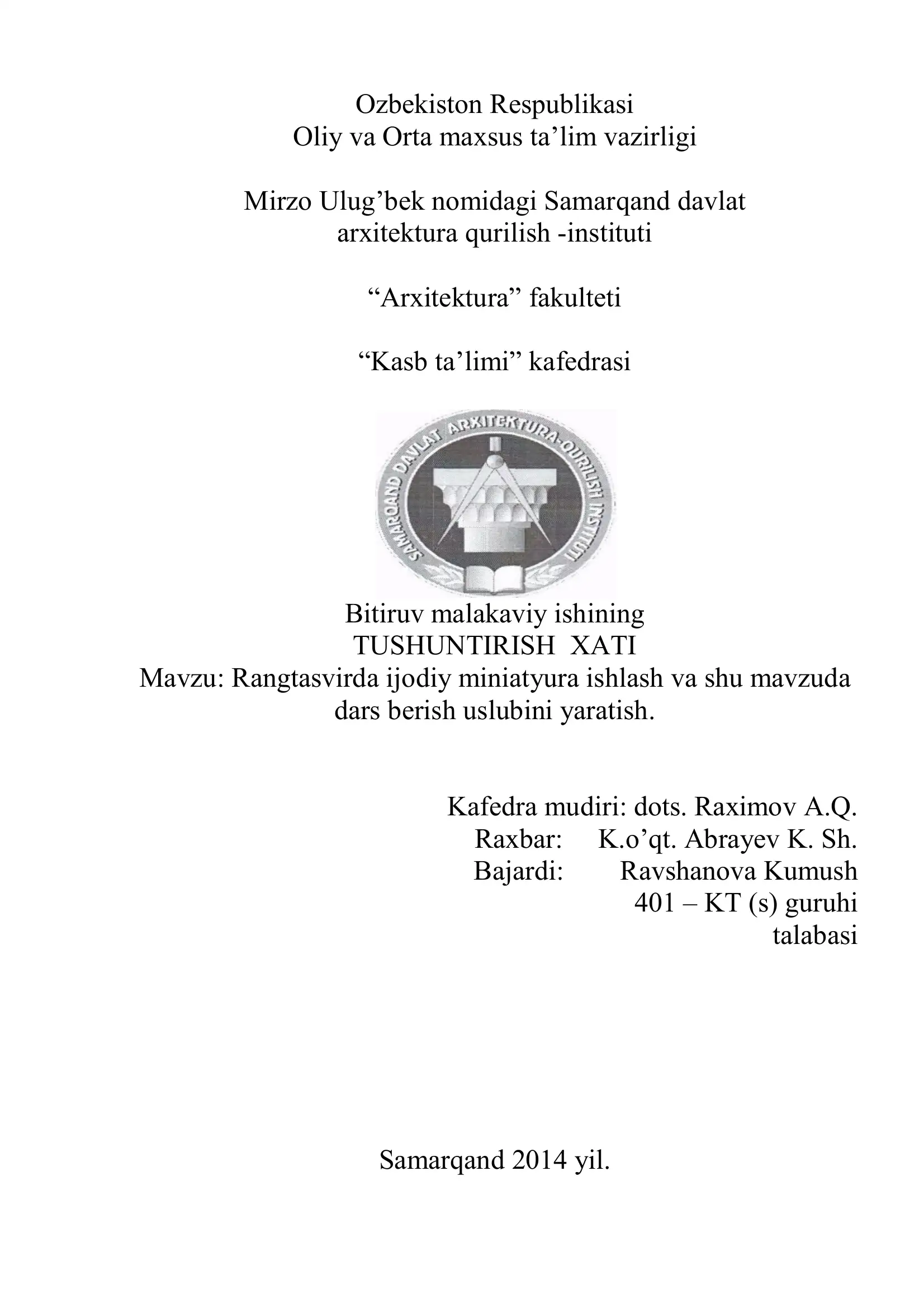 Rangtasvirda ijodiy miniatyura ishlash va shu mavzuda dars berish uslubini yaratish