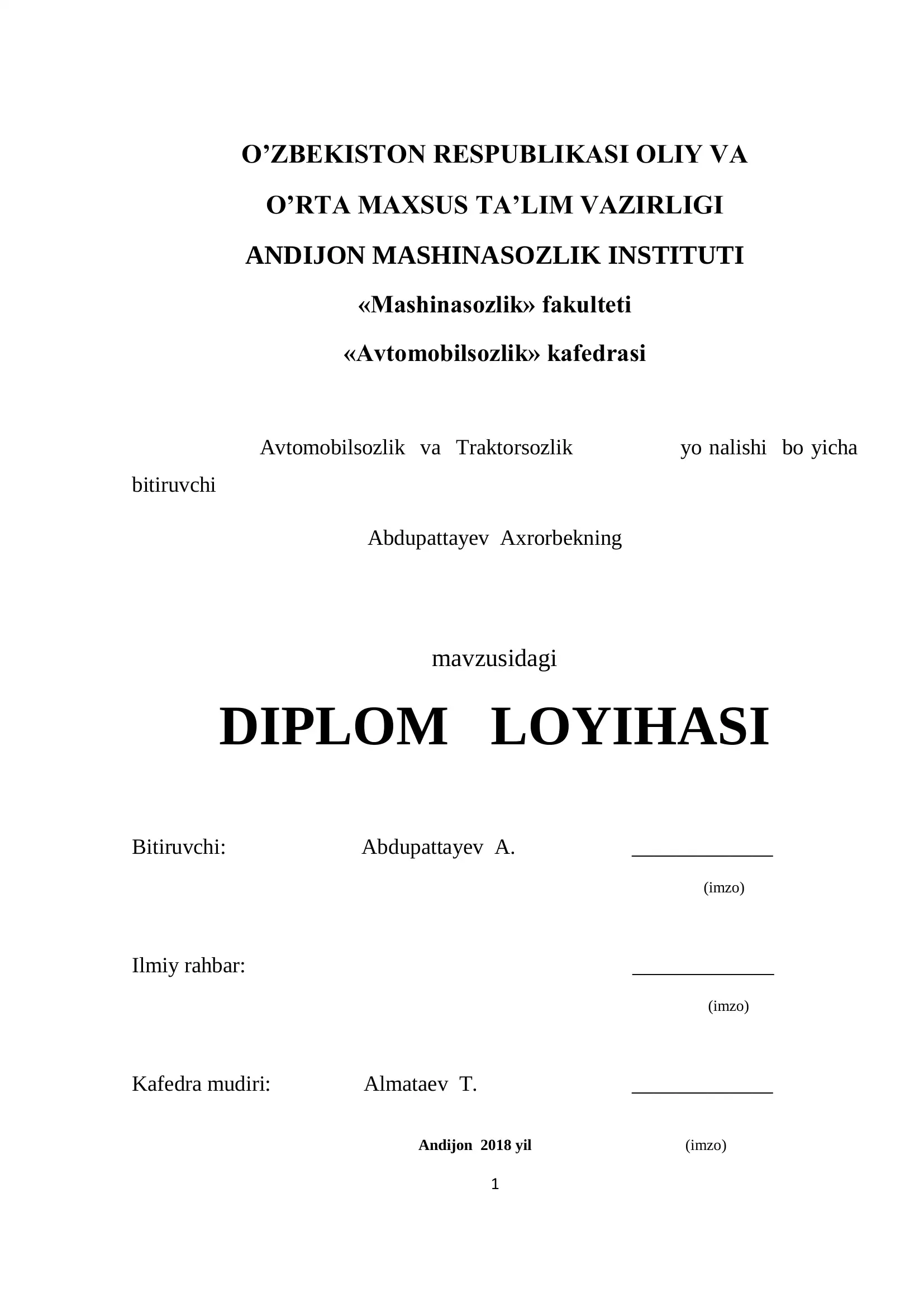 GM Uzbekistan AJ Bo’yoqlash sexida kuzov tashuvchi aravalarni xavfsizligini ta’minlash uchun yechimlarni ishlab chiqish DIPLOM LOYIHASI