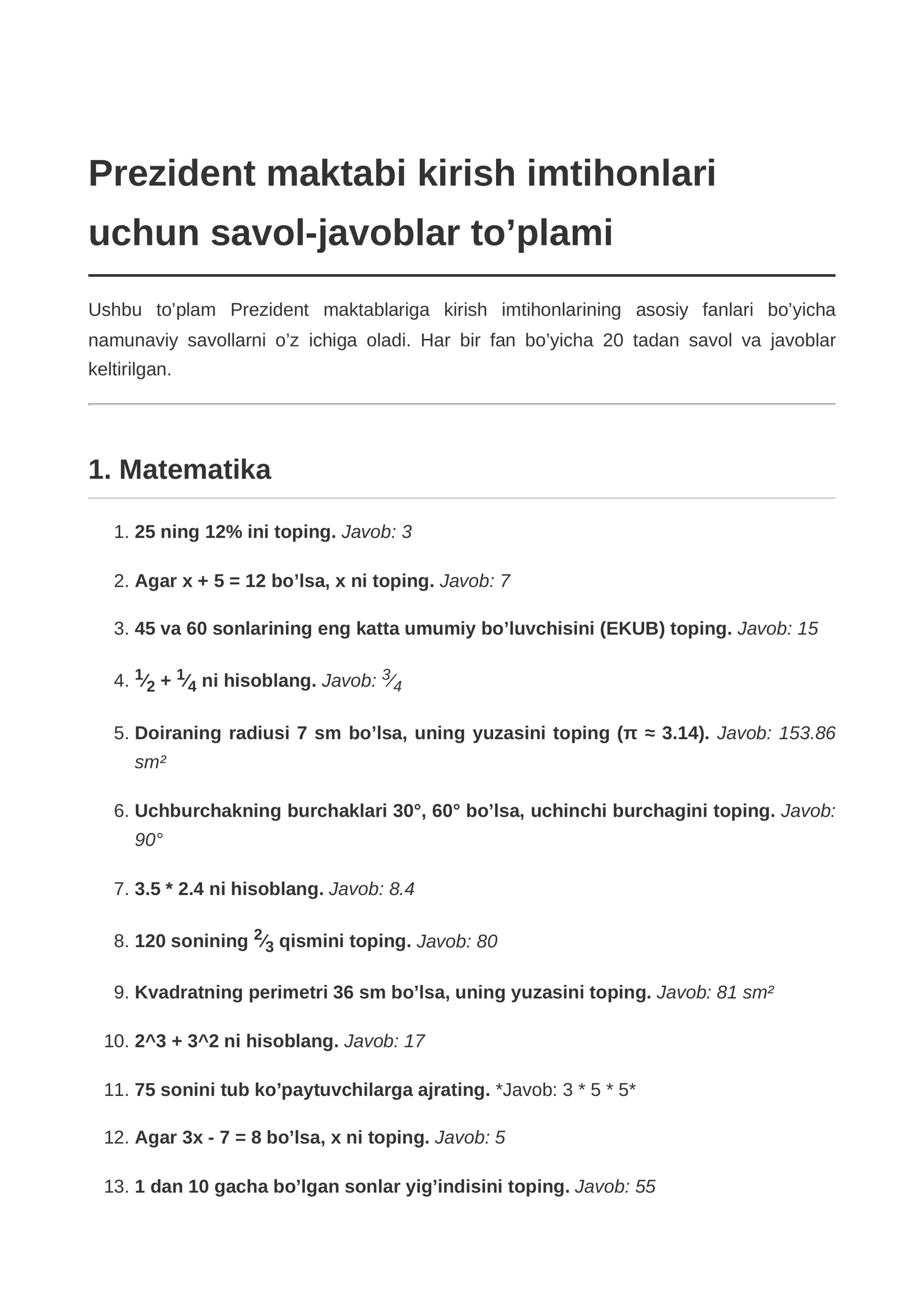 Prezident maktabi kirish imtihonlari savol-javoblar to’plami
