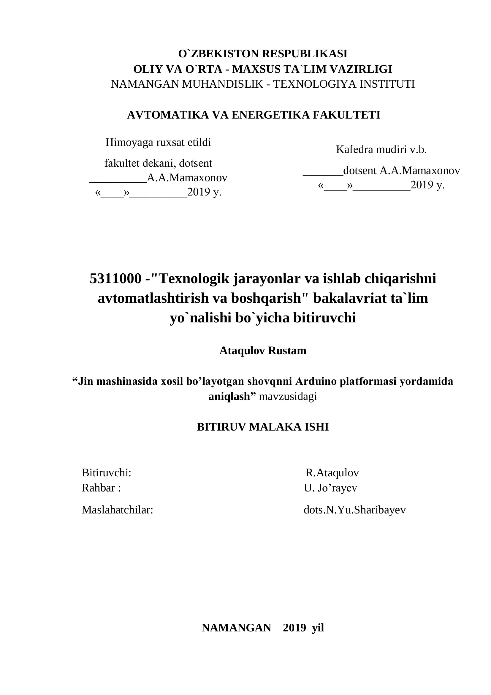 Jin mashinasida xosil bo’layotgan shovqnni Arduino platformasi yordamida aniqlash