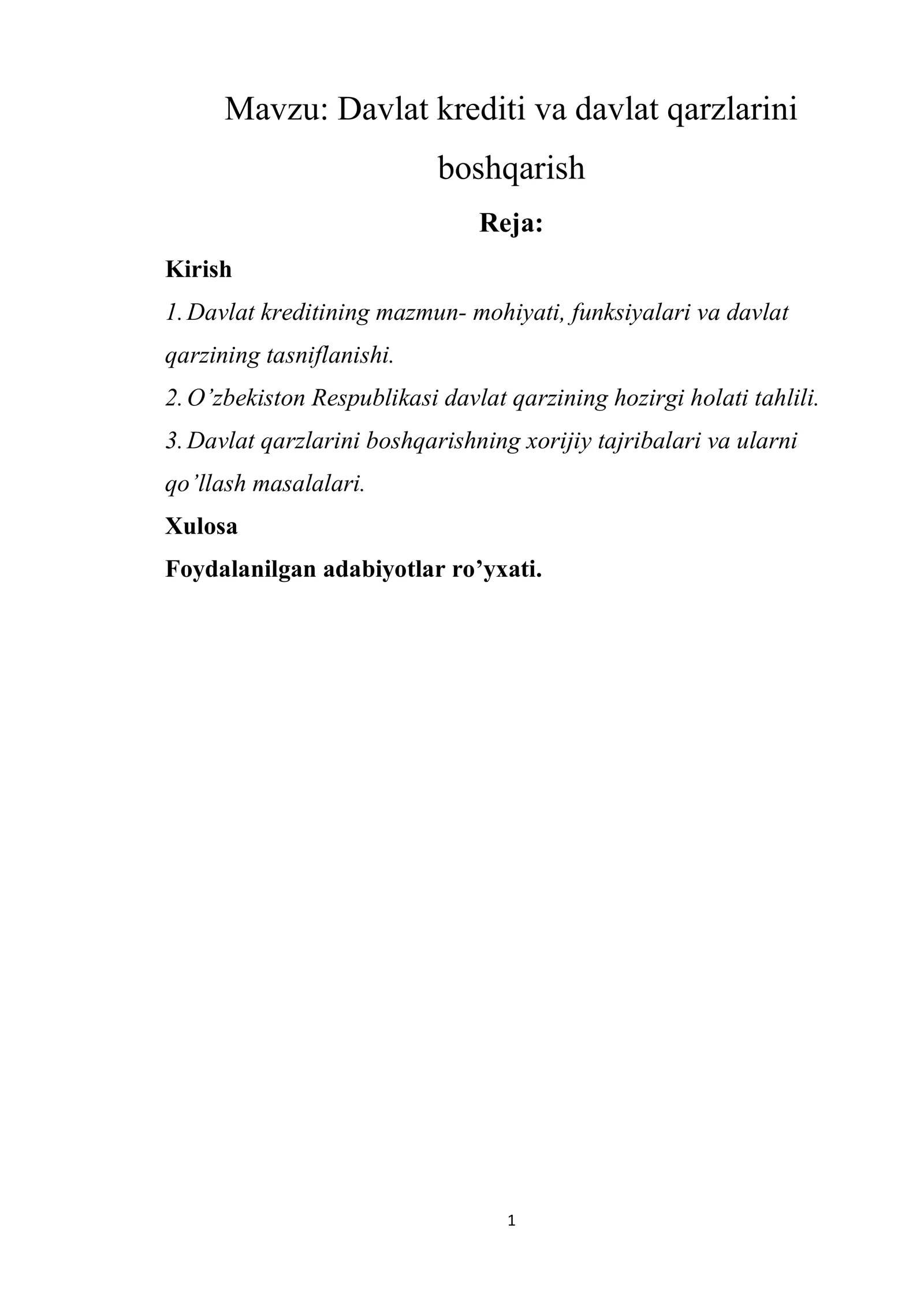 Davlat krediti va davlat qarzlarini boshqarish