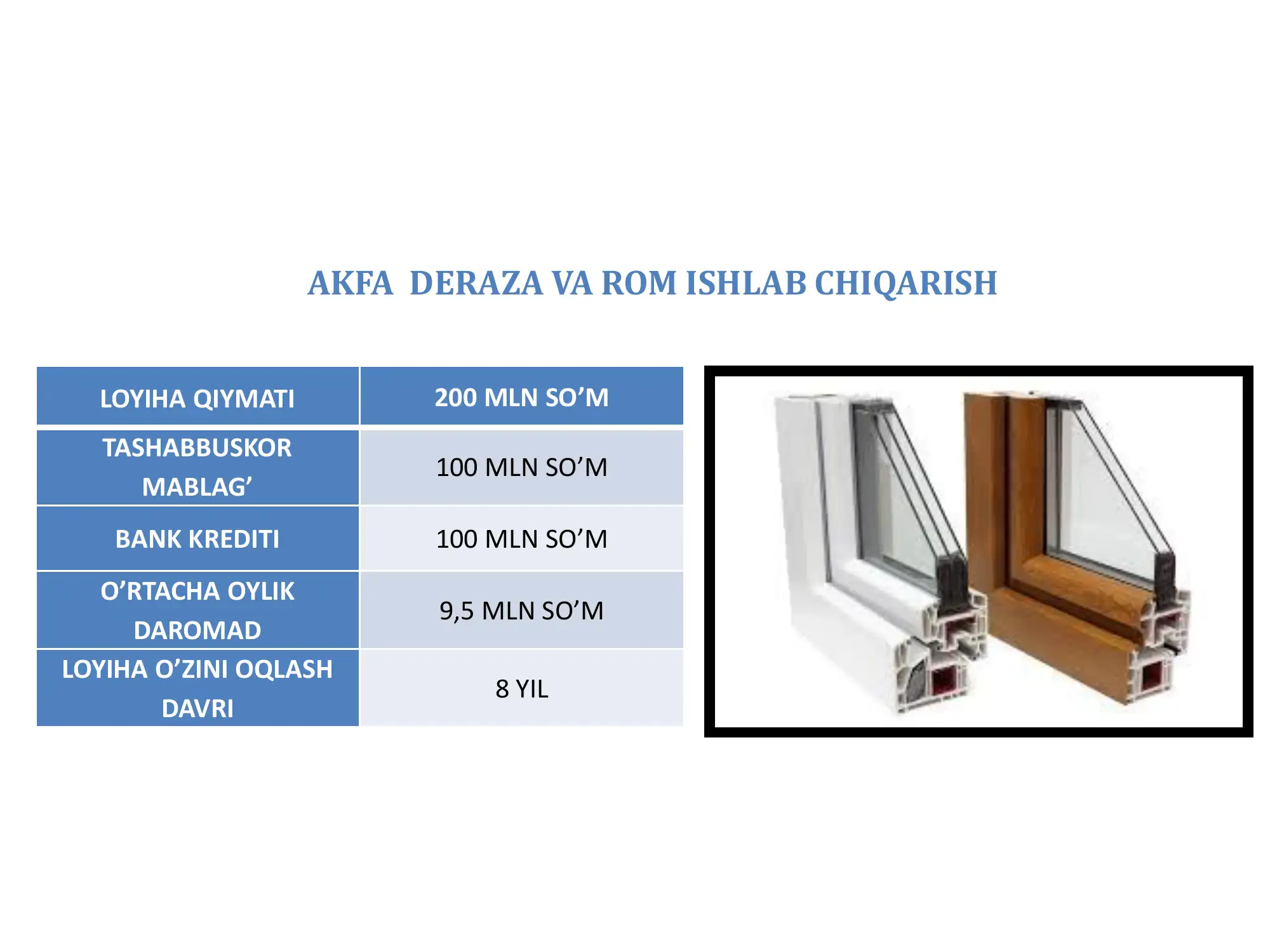 AKFA DERAZA VA ROM ISHLAB CHIQARISH biznes loyihasi