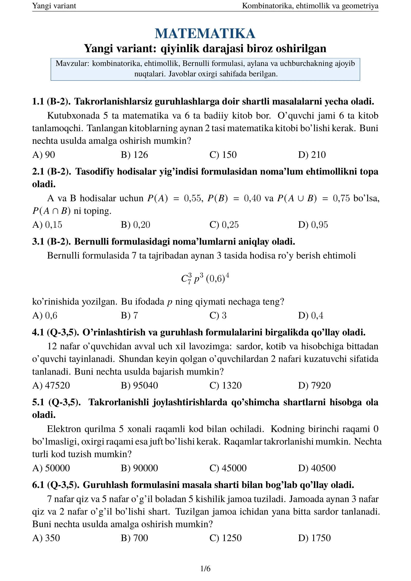 Kombinatorika, ehtimollik va geometriya