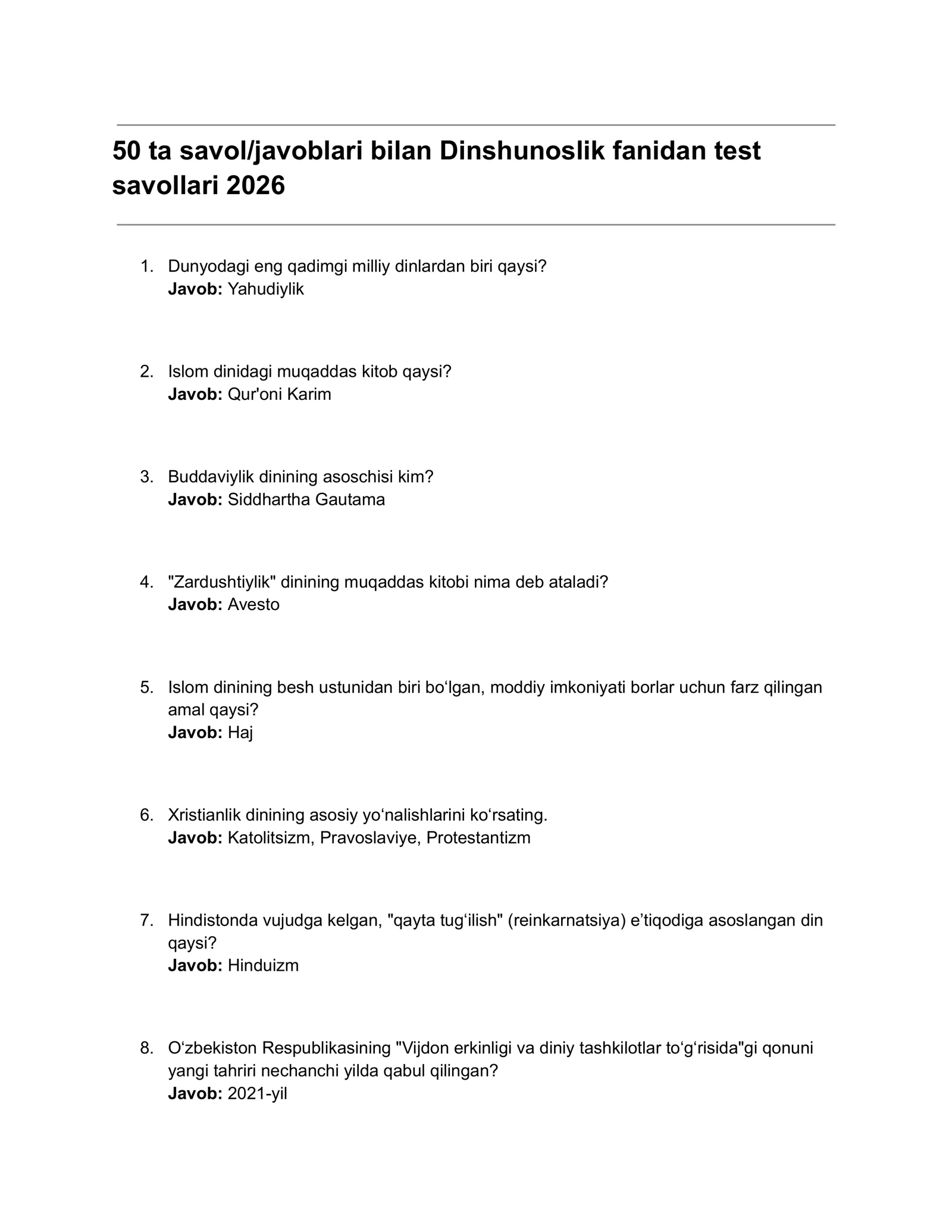 50 ta savol/javoblari bilan Dinshunoslik fanidan test