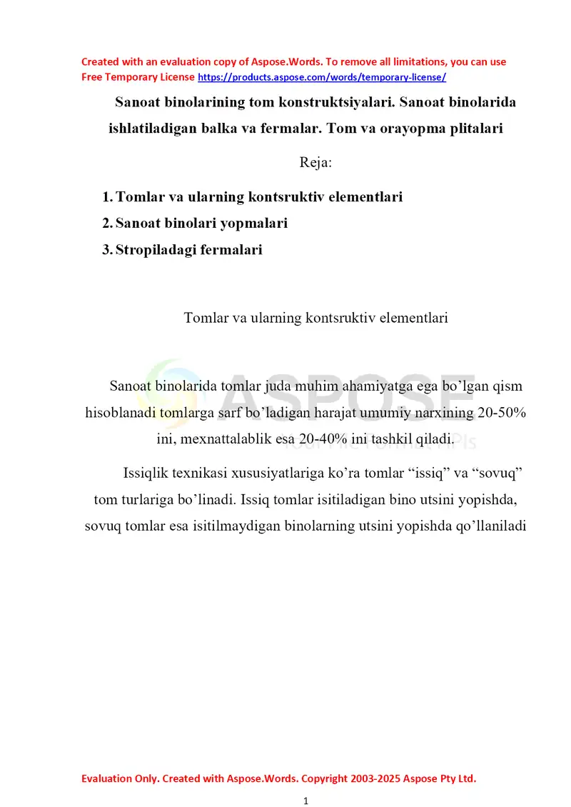 Sanoat binolarining tom konstruktsiyalari