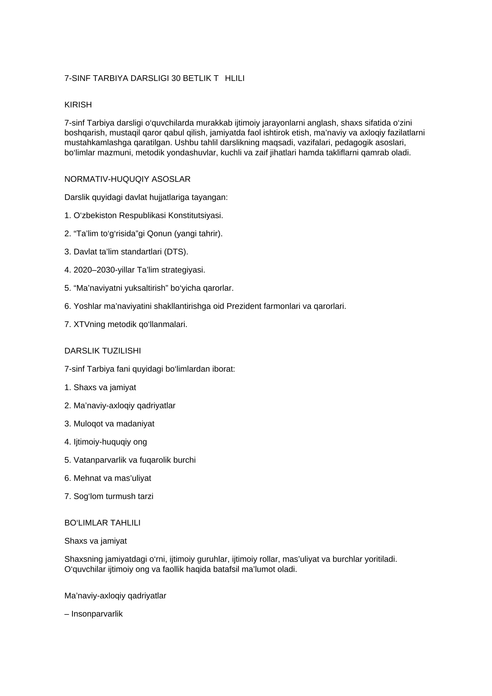 7-SINF TARBIYA DARSLIGI 30 BETLIK TIHLILI