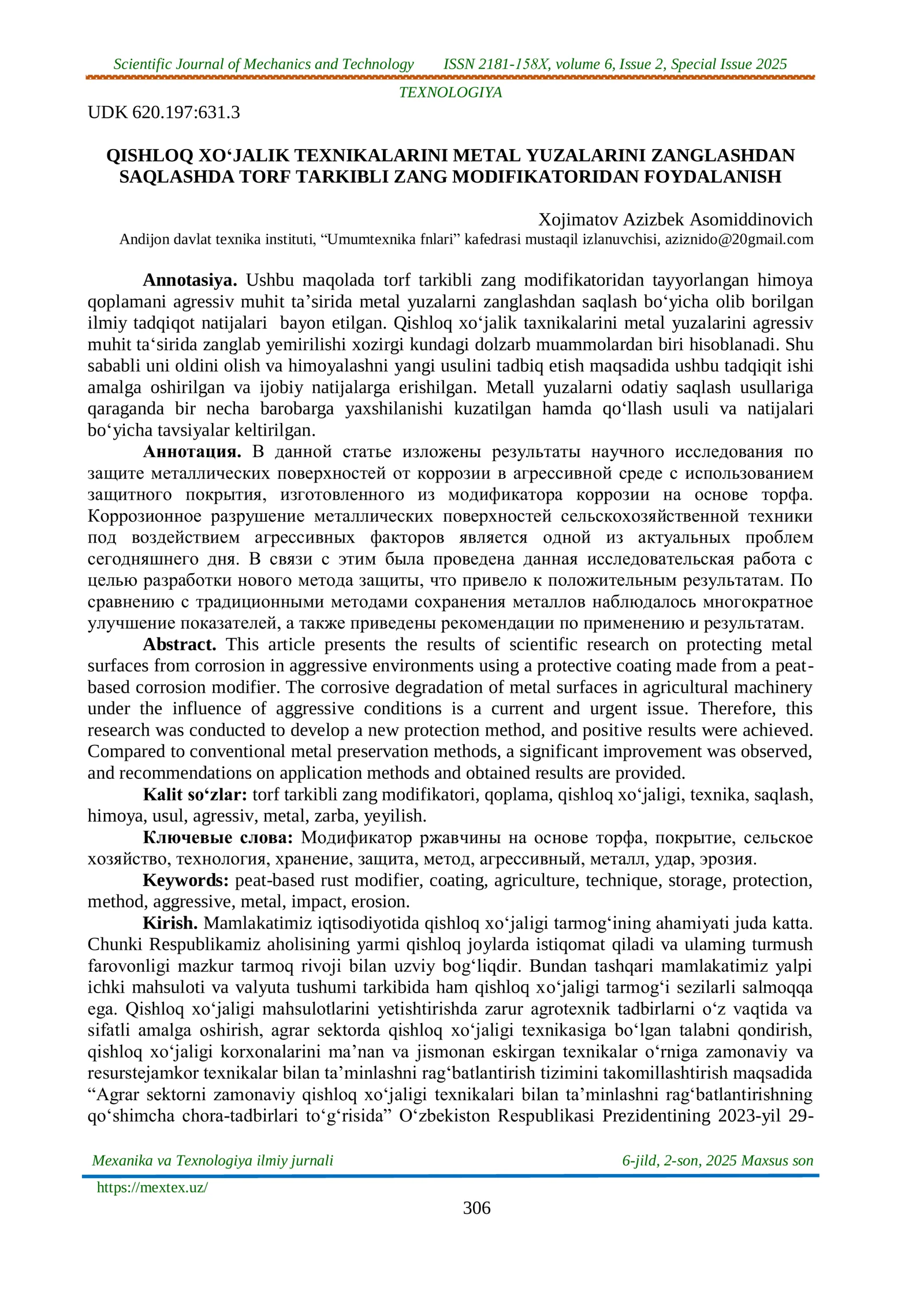 QISHLOQ XOʻJALIK TEXNIKALARINI METAL YUZALARINI ZANGLASHDAN SAQLASHDA TORF TARKIBLI ZANG MODIFIKATORIDAN FOYDALANISH