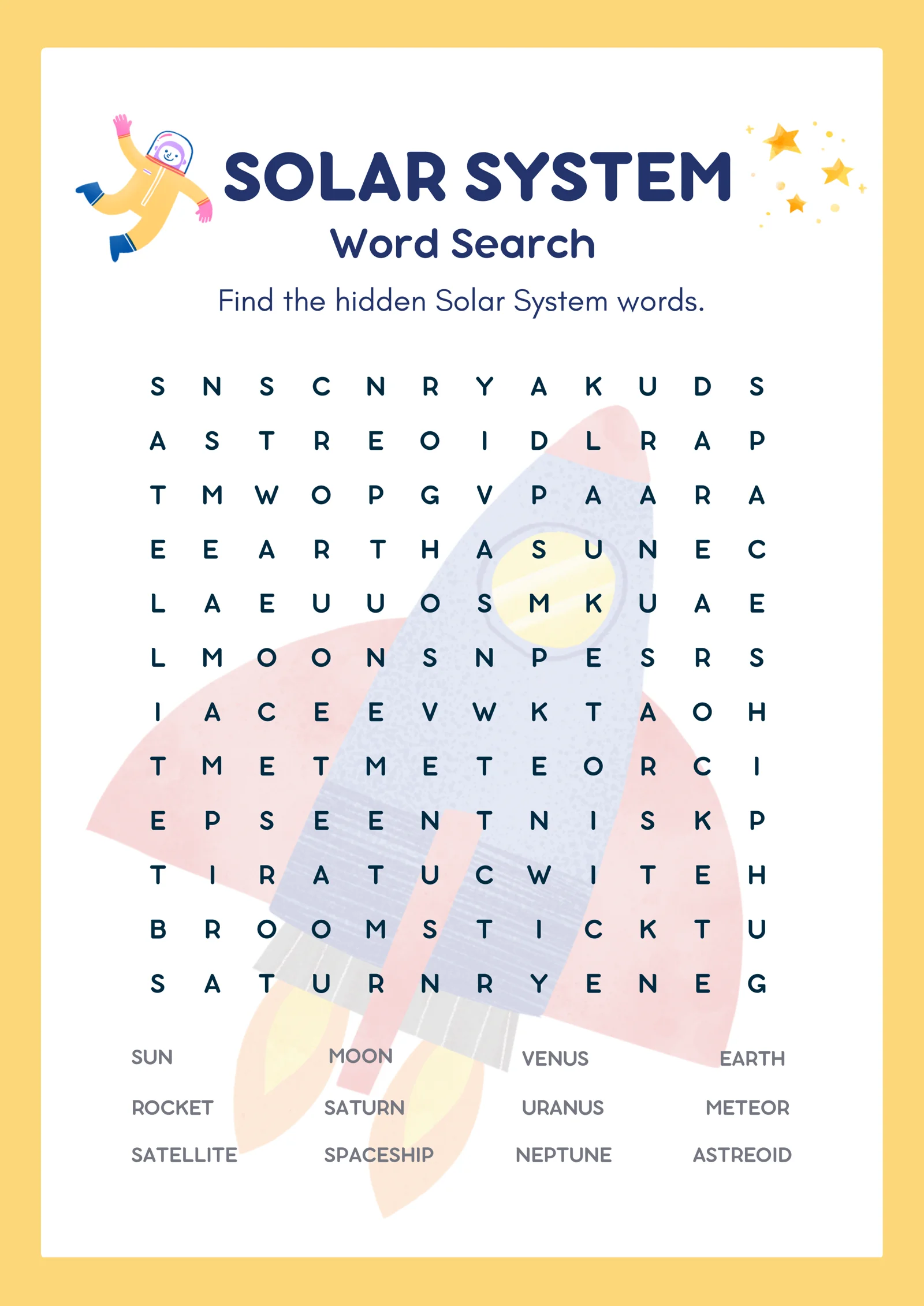 Quyosh tizimi: Qiziqarli "Wordsearch" va Javoblar kaliti (Solar System, PDF)