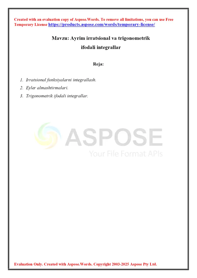 Ayrim irratsional va trigonometrik ifodali intеgrallar