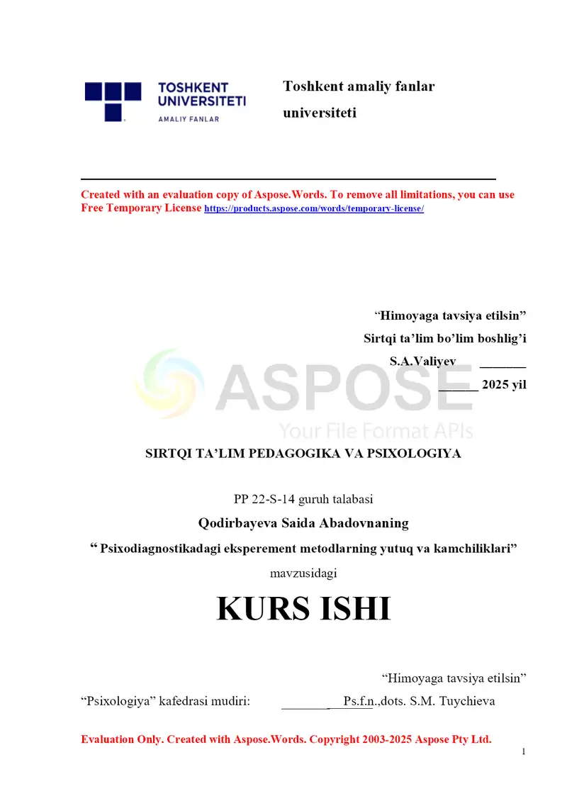"Psixodiagnostikadagi eksperement metodlarning yutuq va kamchiliklari"