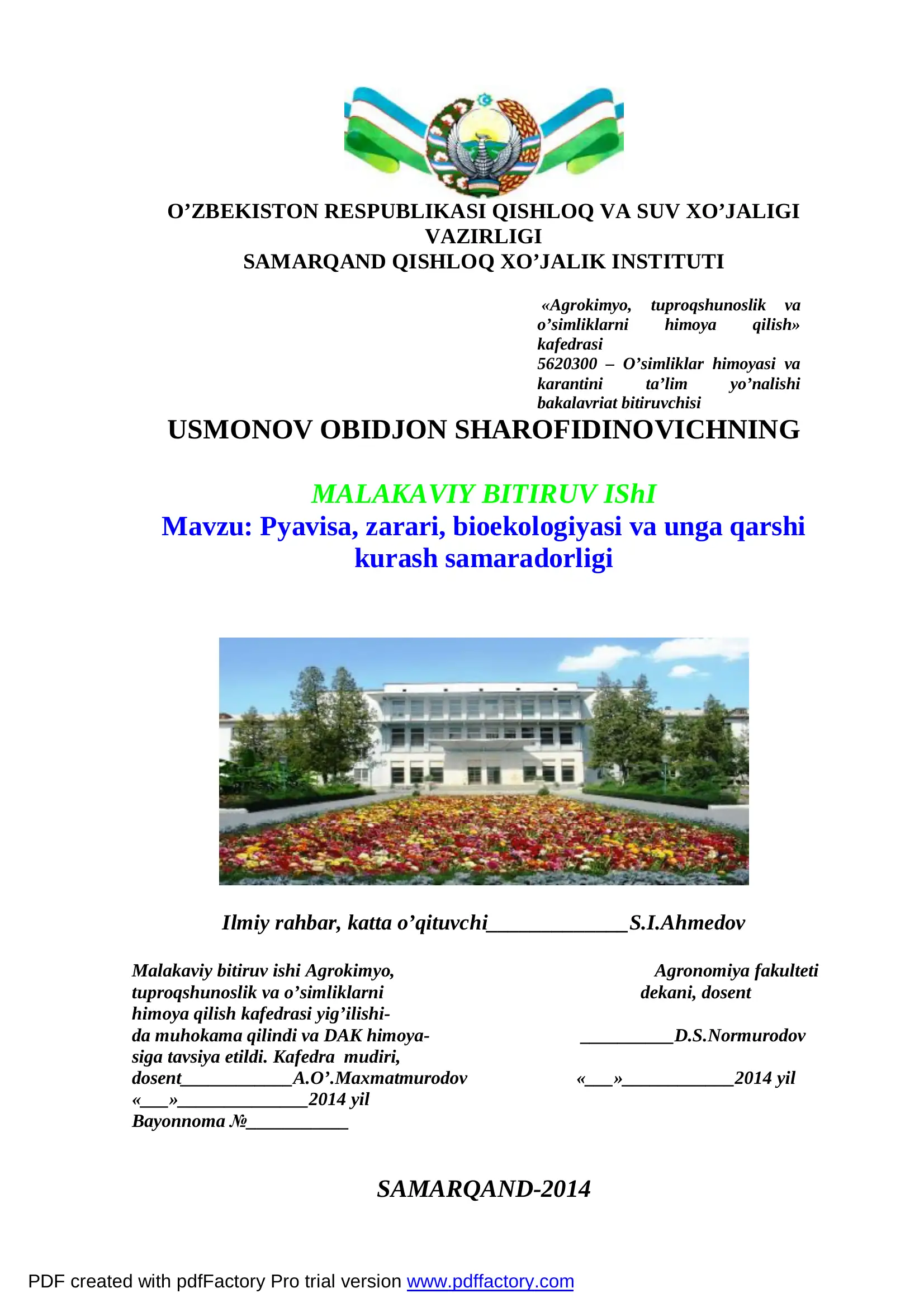 O’simliklar himoyasi va karantini ta’lim yo’nalishi bakalavriat bitiruvchisi