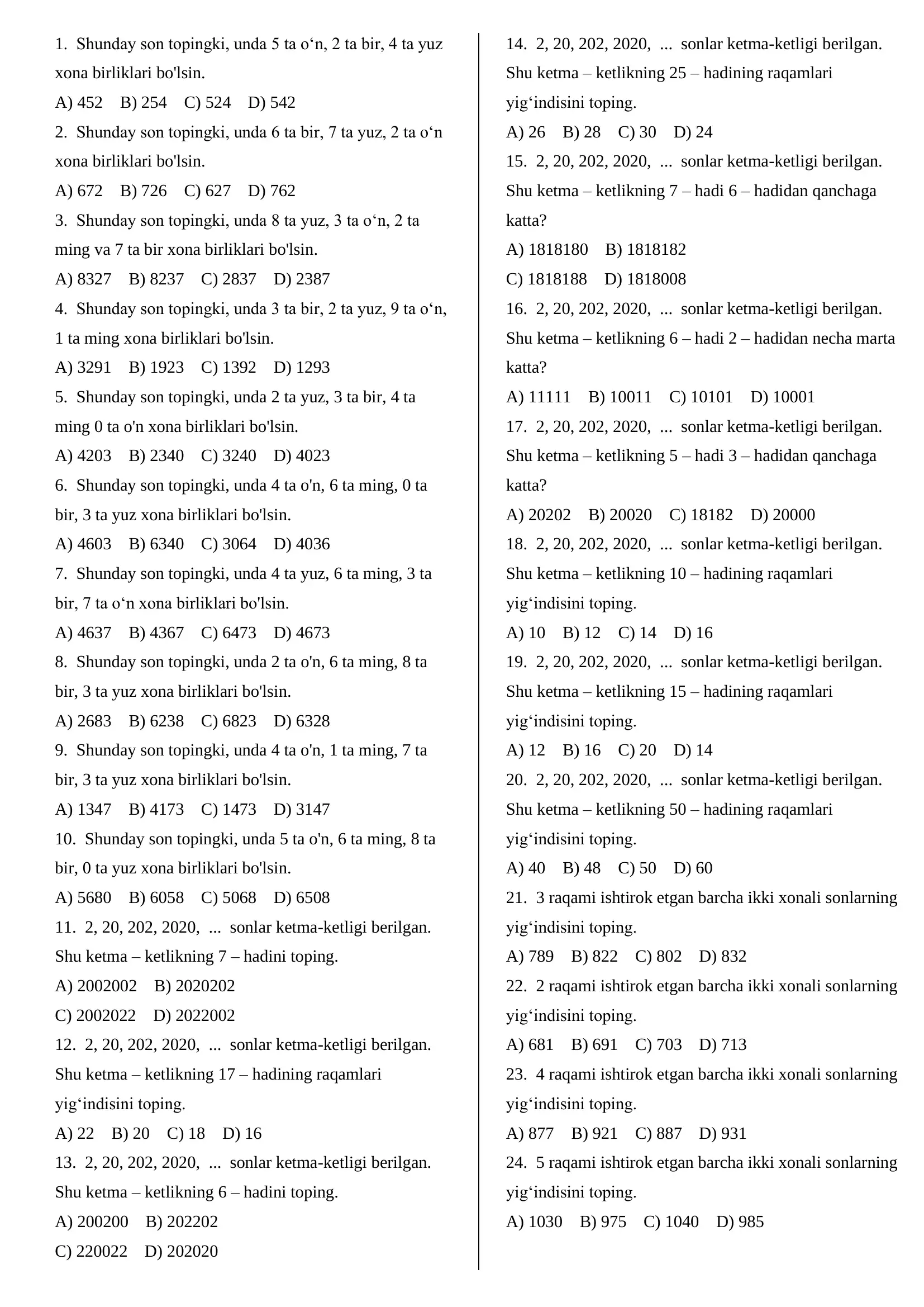Abituriyentlar uchun testlar