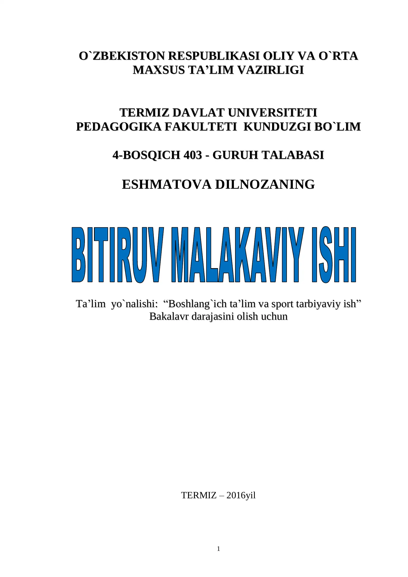 ESHMATOVA DILNOZANING