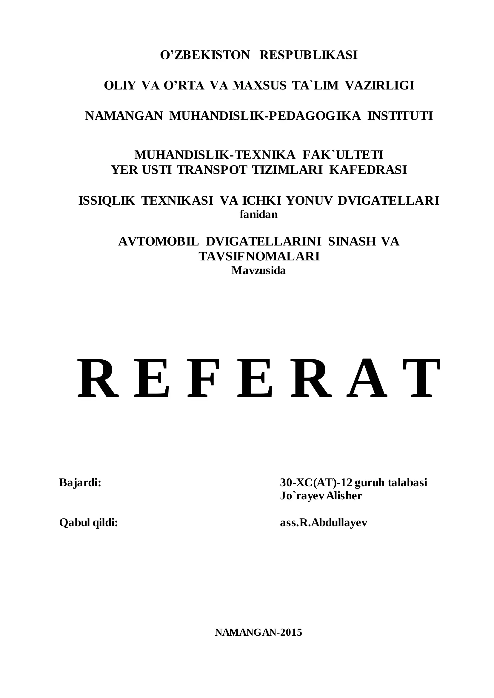 AVTОMОBIL DVIGATELLARINI SINASH VA TAVSIFNОMALARI