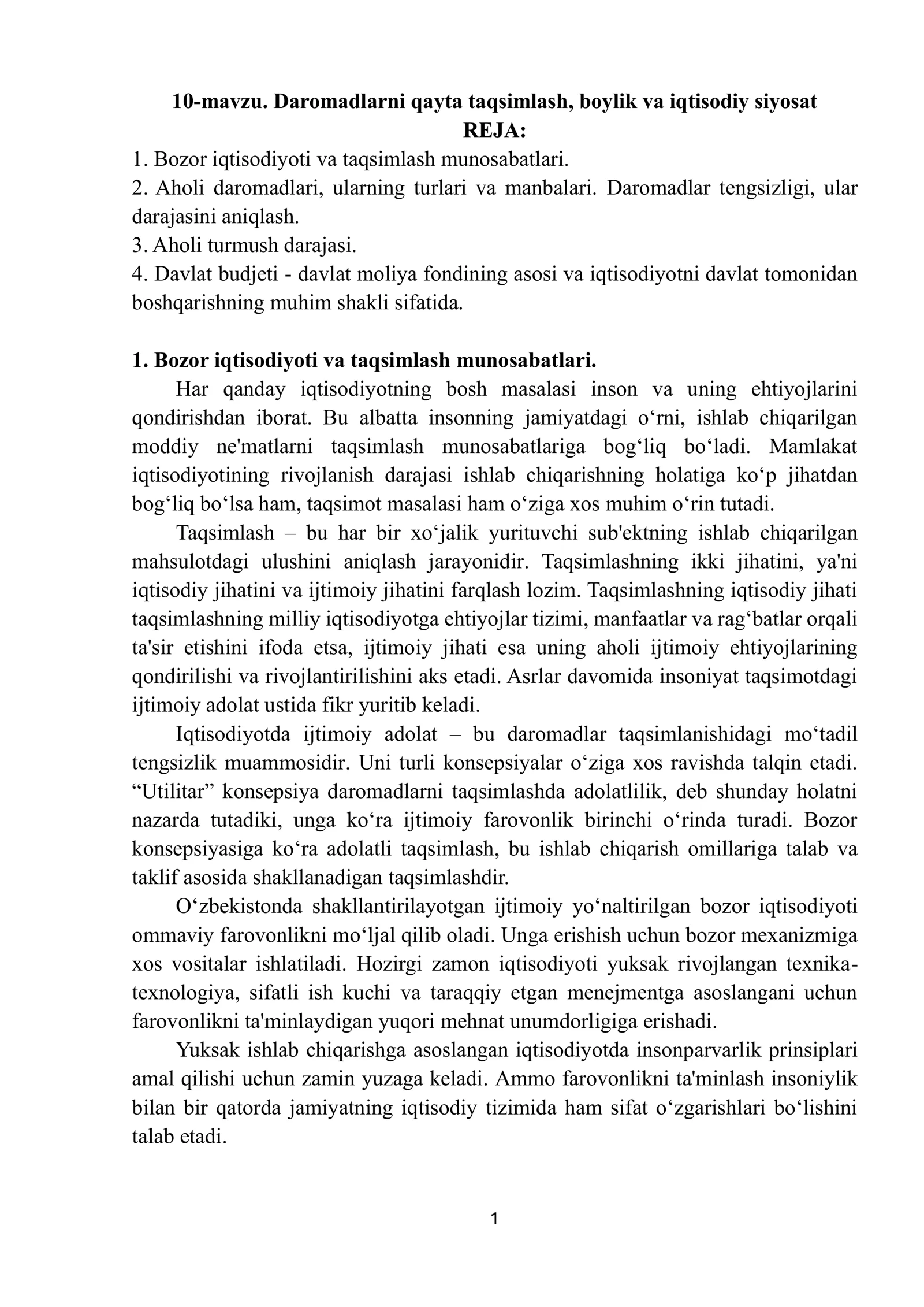 10-mavzu. Daromadlarni qayta taqsimlash, boylik va iqtisodiy siyosat