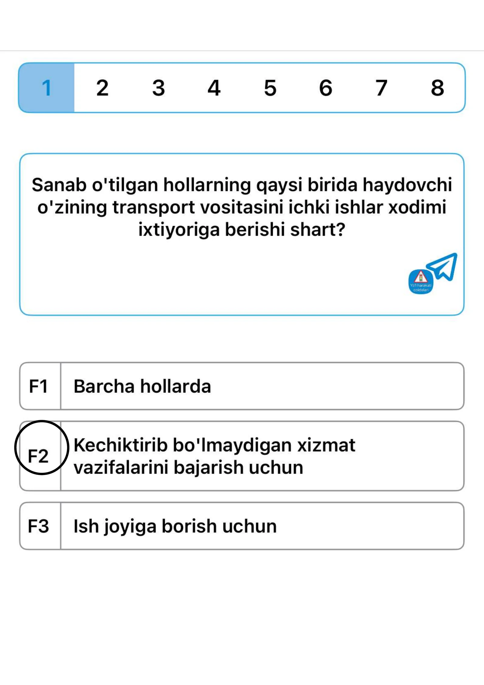 Nazariy parava imtixoni uchun test javobi