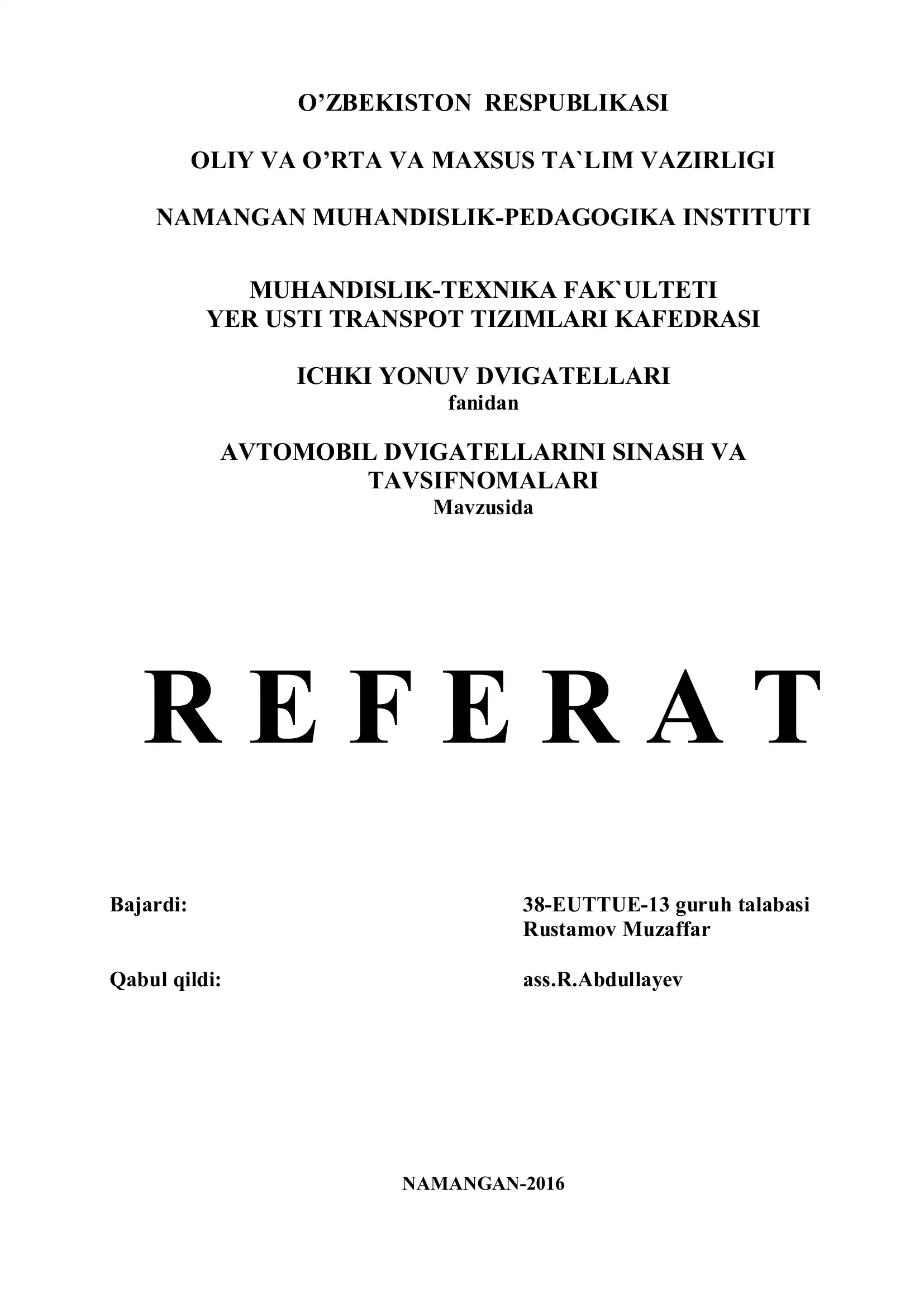 AVTОMОBIL DVIGATELLARINI SINASH VA TAVSIFNОMALARI